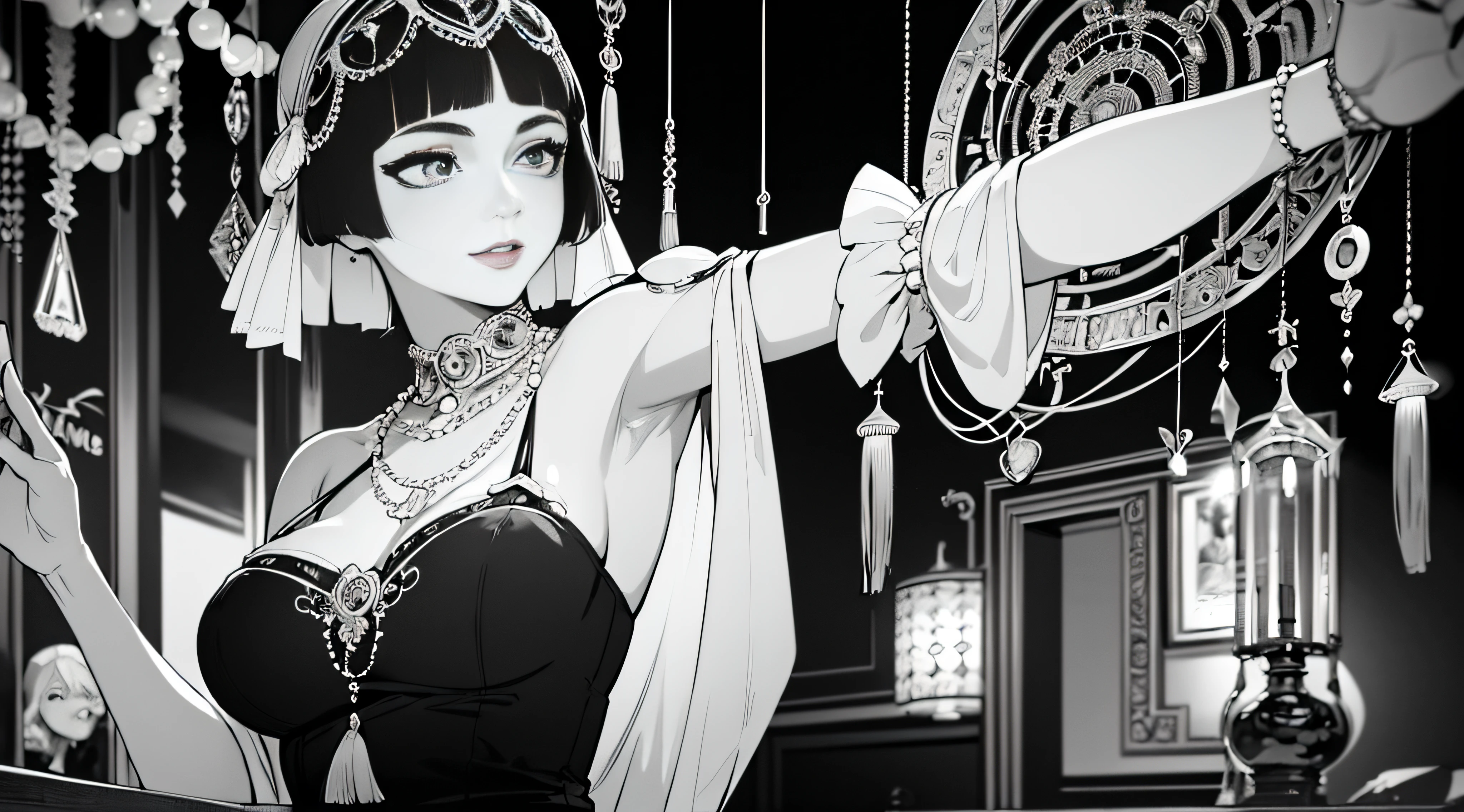 (best quality,4k,8k,highres,masterpiece:1.2),ultra-detailed,(realistic,photorealistic,photo-realistic:1.37),1920s flapper girl,large breast,clothes of the era,speak easy,swinging on swing,above a bar,very detailed,ornate,sharp focus,detailed eyes,detailed lips,long eyelashes,vibrant outfit,confident expression,relaxed posture,vintage decor,speakeasy atmosphere,vibrant colors,soft lighting,art deco style,glamorous mood,feather headband,pearl necklace,jazz music,smoke-filled room,cocktail glass,flapper dress,fringe details,charming smile,energetic movement,vintage hairstyle,retro background,swinging motion,exciting ambiance,classic black and white aesthetics,sparkling jewelry,high-fashion ensemble,expressive eyes,red lipstick,dazzling accessories,lively atmosphere,energetic atmosphere,1920s party scene,vintage furniture,sophisticated makeup,exquisite craftsmanship,fine details