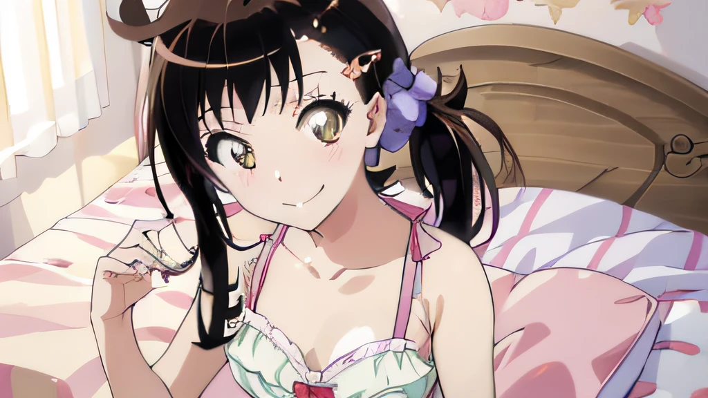 ((masutepiece)), ((Best Quality)), (Ultra-detailed), Anime style, look down from above, on the bed, Cute little girl s, 1girl in, Solo, underwear00, ((Beautiful eyes)), large full breasts, Smile