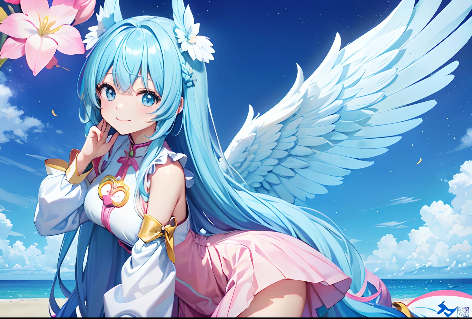 Big wings of colorful angels、Kawaii Girl、adorable smiling、Light blue long hair、Twin-tailed、Colorful angel costume((top-quality))、((masterpiece))、(ighly detailed、highestdetailed、Official art、Beautifully Aesthetic:1.2)