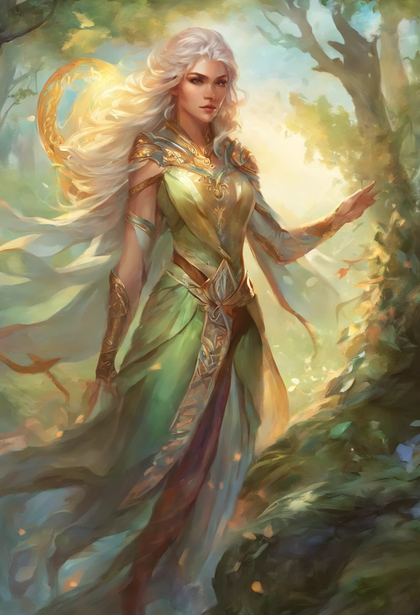 An androgynous-looking male elf, sendo um elfo das brumas do mundo de faerum, ou seja cabelos prateados e belos, feiticeiro de d&D Issue 3.5