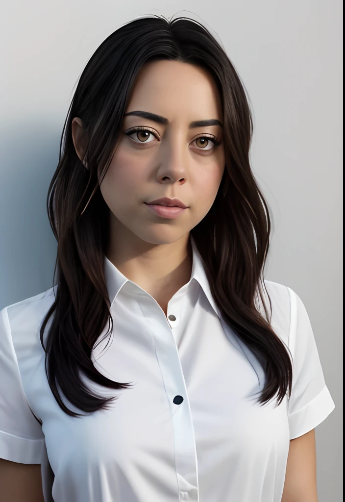 masterpiece, lifelike upper body image of AubreyPlaza, wearing a white blouse missing the top button, photo realistic, highly detailed, detailed face, (resting bitch face), dramatic lighting, detailed eyes