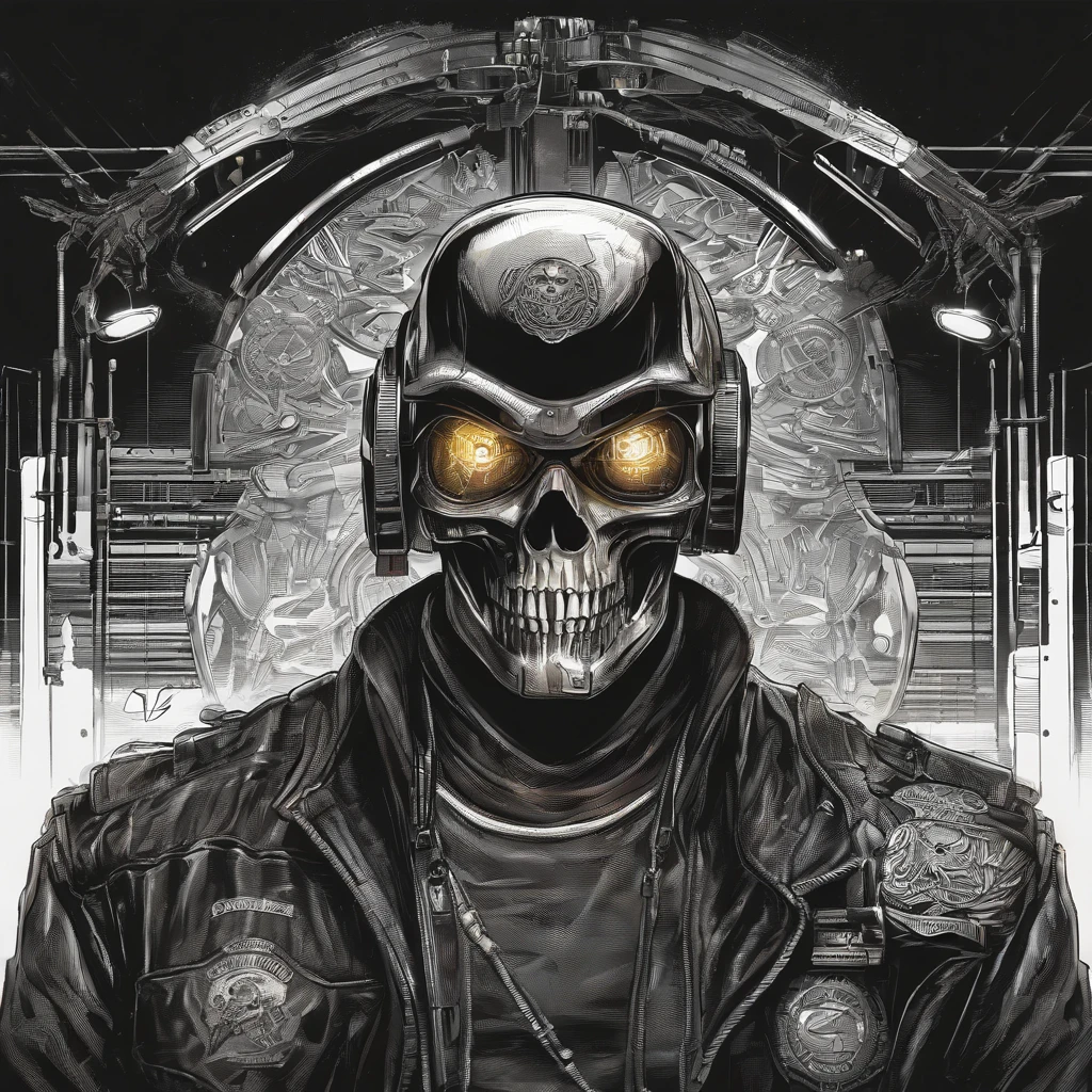Un primer plano de una calavera con casco y auriculares, Warhammer 4 0 K ilustraciones, Portada detallada, portrait of a cyber skeleton, Esqueleto de Terminator, wh 4 0 k arte, Cabeza de cyborg no muerto, Arte de Terminator, Giant robot skull, Retrato detallado de un cyborg, Ilustraciones de heavy metal, Calavera en casco espacial roto, detailed sci-fi art