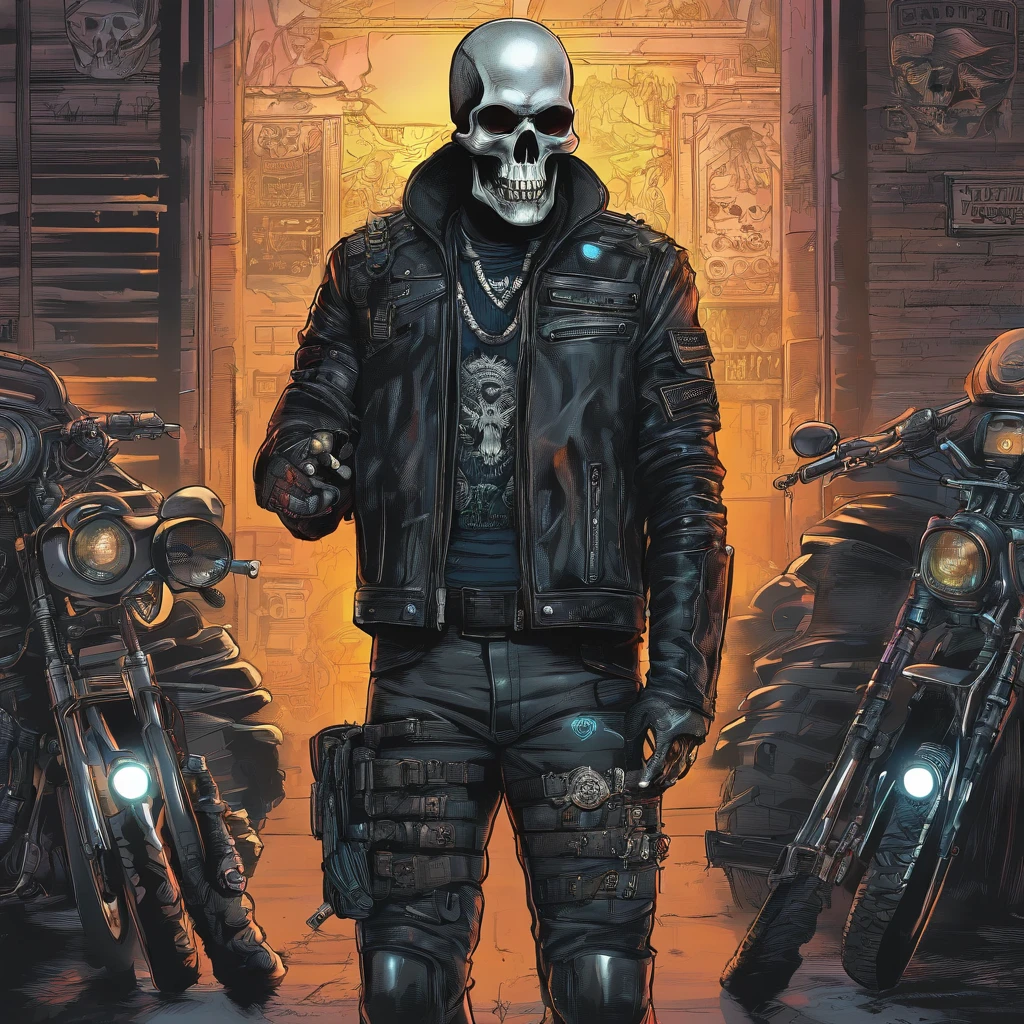 1 highly reflective chrome skull head member of the male cyberpunk motorcycle gang with LED illuminated cybernetic prosthetic arms housing retractable hidden weapons and bright white eyes, All black leather and motorcycle vest with skull motorcycle patch emblem embroidered in relief on the back, ( folha de caracteres, testa, back, lado, traseira), Full Shot Full Body Portrait Character Design Schematic Shot, highly reflective chrome skull cyberpunk head motorcycle gang member with bright white eyes with detailed illuminated cybernetic arms illuminated visually illuminated holster gadgets wearing all black leather and motorcycle vest with embroidered skull motorcycle patch engraved on the back. insanely detailed matte paint with rough strokes and textures, Stephen Gammell, Daheny Pinho, Jeremy Mann, Alex Maleev, carne_Griffiths, 16k resolution, oil on the canvas, Belas Artes, luz super eficiente, foco nítido, Grain, Approaching perfection, a million details, max quality. (master part: 1.2), (best quality: 1.3).