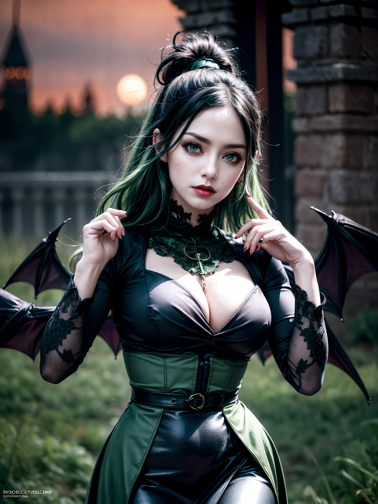Medium shot, full body, perfect body, showing her for proniment sharp canine sharp focus, woman focus (Best Illustration), 8k Resolution, Intricate Details, Best Quality, Realistic, Ultra Detailed, Best Lighting, Best Shadows, Ultra HD, BREAK A Necromancer, Night, dark Magical auras, Dark Style, Vampire, Bat wings, (( alot of bats flying around, fog, blood splash on the ground, blood moon, red sky, dark theme)), (shining green eyes:1.6),(blood on the body and face and eyes:1.2)BREAK masterpiece, high_res, Beautiful face, tyndall effect, photo realistic, (high detailed skin:1.2), 8k uhd, dslr, high quality, Photograph, high resolution,(extremely detailed), 8k, Bokeh, BREAK medium breasts, absurdres, ponytail contorted, best ratio four finger and one thumb, (gothic style castle background) , mature,tall body, gothic style dress, A raven rests on her shoulder
