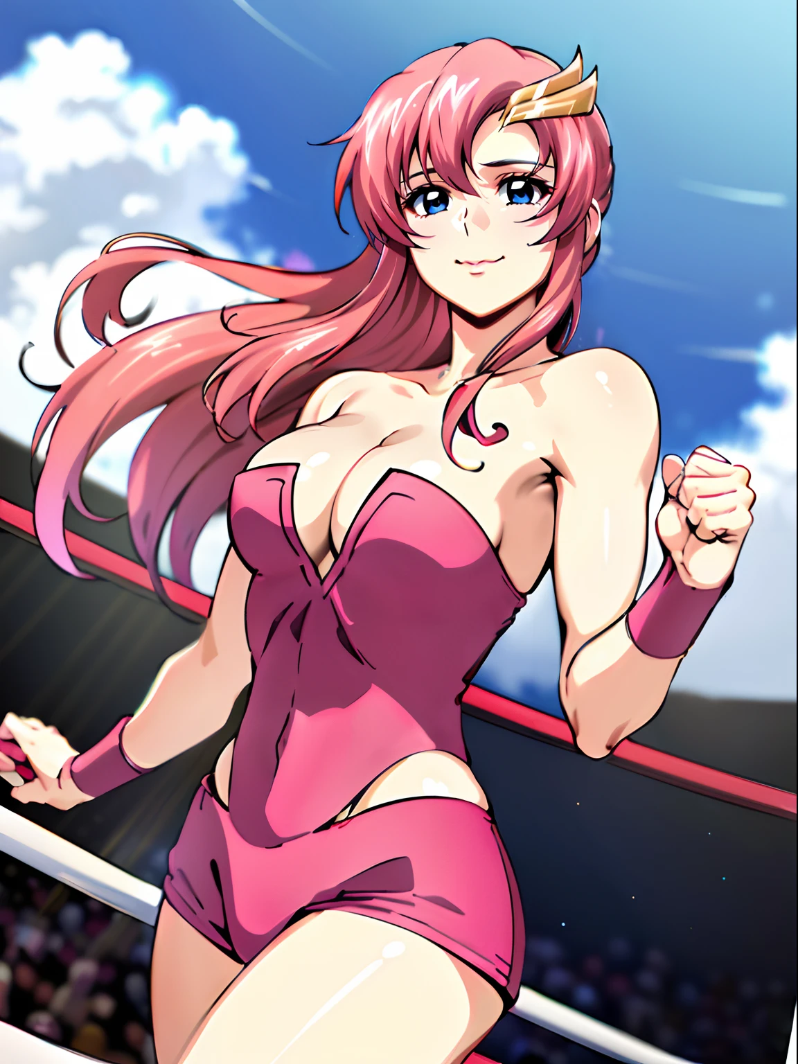 (((pink strapless wrestling outfit))), (masterpiece, , 4K, Best Quality, Anime style: 1.9,, Adult Woman, ultra detailed face, (cloud background, wrestling), Drawing lines, high resolution, Anime, lacus4), 1girl, Solo, curvy figure, Long hair, 鎖骨, scapular, (Detailed wide hair bangs, Hair Ornament, Detailed reddish-pink hair, golden crest), cleavage, large hands, (pro female wrestler). (Big blue eyes, shiny eyes), ((female wrestler, little biceps, slender body, broad shoulders, closed fists, closed mouth)), ((perfect proportions, medium breasts, cleavage, long belly)), (((pink wrestling outfit))),( looking at the viewer, happy),