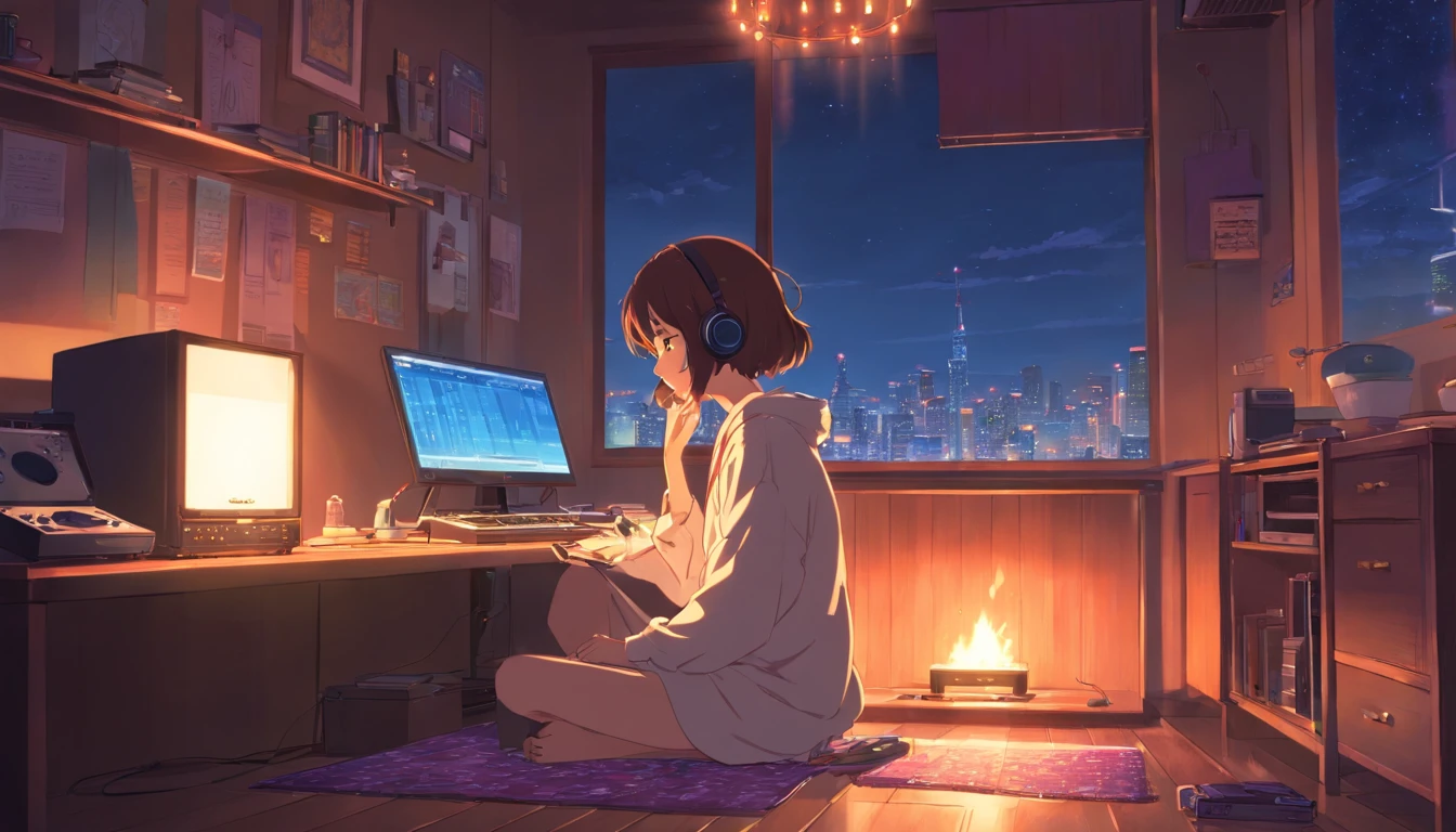 Girl listening to music in a cozy room at night, Uso de auriculares, Anime estilo 2D, lo-fi, Disco duro, 16:9