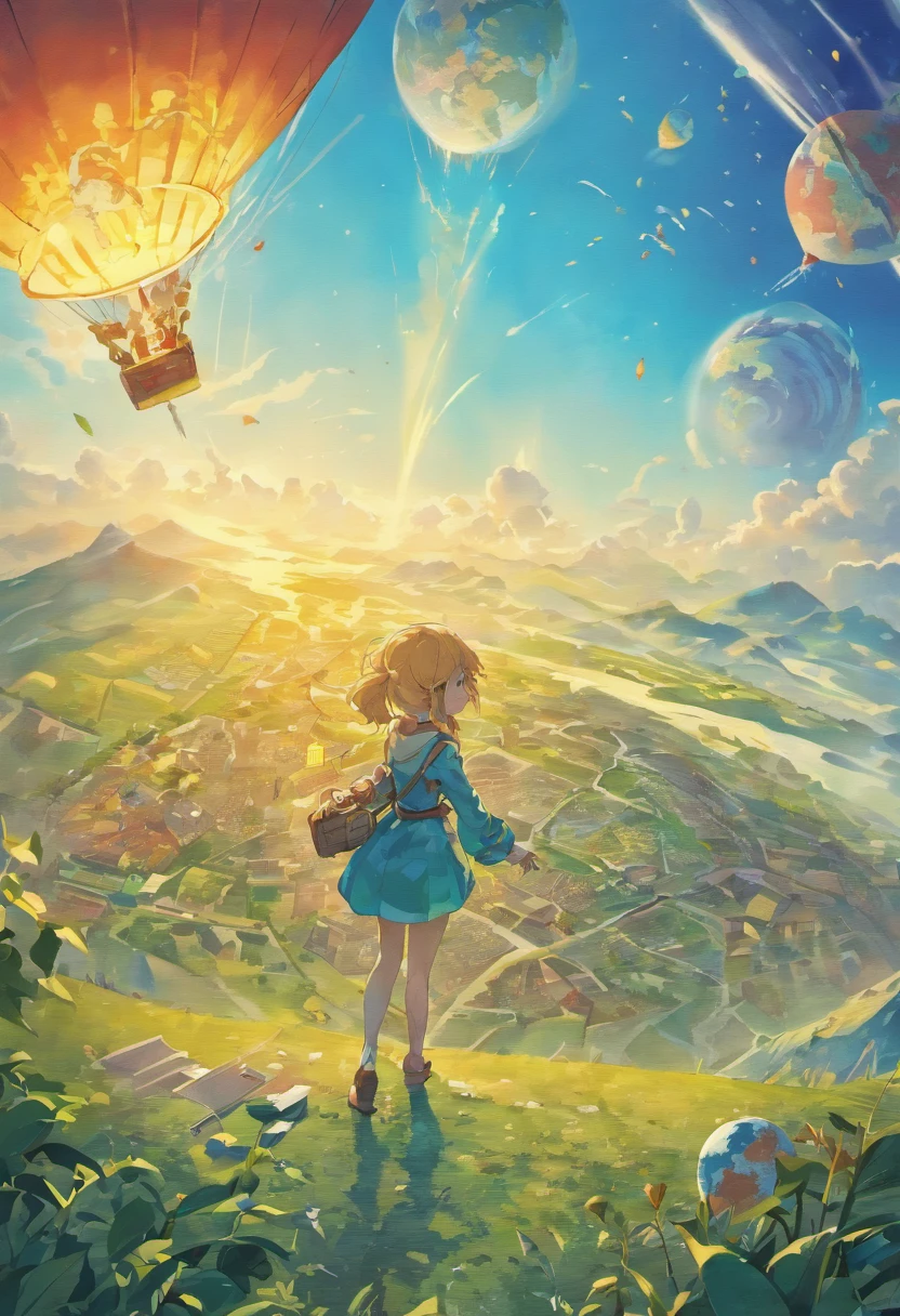 A picture of a hot air baloon whose baloon is a the (map of Earth: best detailed, masterpiece, ultra detailed: 1.5), it flies at dawn, over rolling grass hills, high details, best quality, 16k, [ultra detailed], masterpiece, best quality, (ultra detailed), full body, ultra wide shot, photorealism 3d rendering,