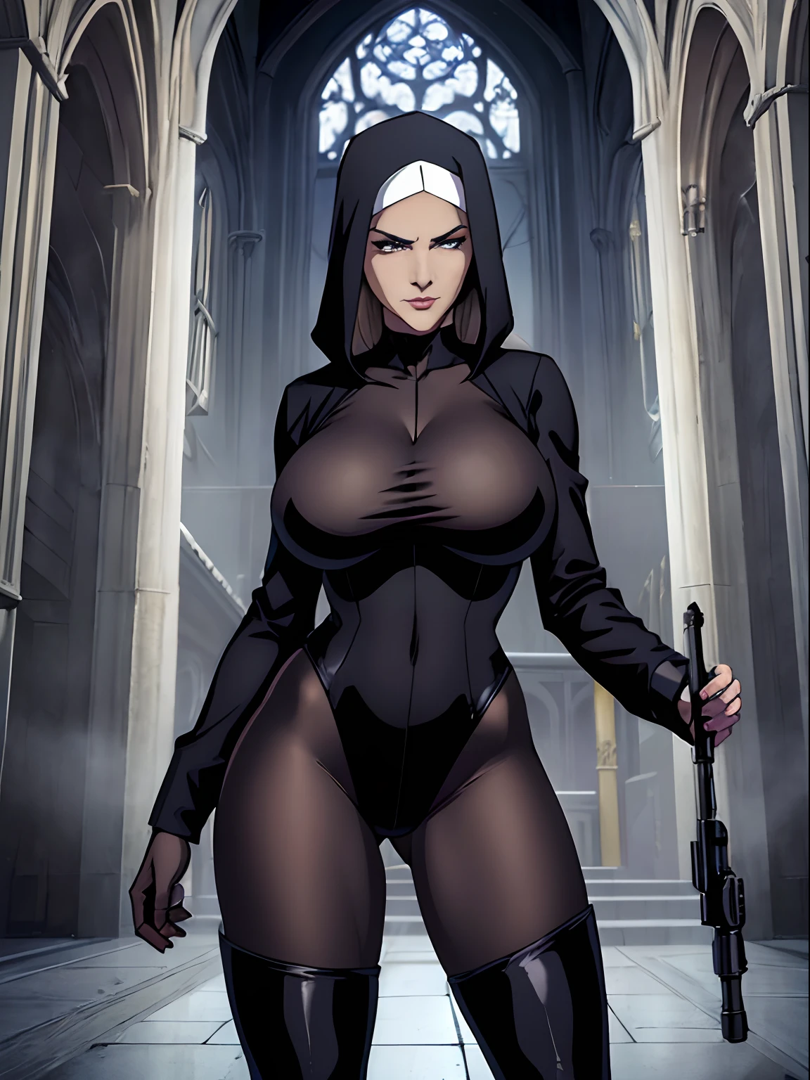 (masterpiece, top quality, best quality, official art, beautiful and aesthetic:1.2), (1girl:1.3), light freckles, fair skin, extremely detailed, portrait, looking at viewer, solo, (full body:0.6), detailed background, close up, (dark gothic theme:1.1), nun with guns, charlatan, smirk, mysterious, swaggering through cathedral, modest attire, black habit, cowl, nun hood, wimple, thigh-high boots, bodysuit, leotard, loose sleeves, cloak, corset, leather straps, ammunition pouches, long boots, submachineguns, SMGs, MP5s, thigh pouches, holsters, garters, ((((narrow hips, slim sexy body, gigantic breasts)))), slim waist, slim hips, long legs, modern (cathedral exterior:1.1) background, dark mysterious lighting, shadows, magical atmosphere, dutch angle,