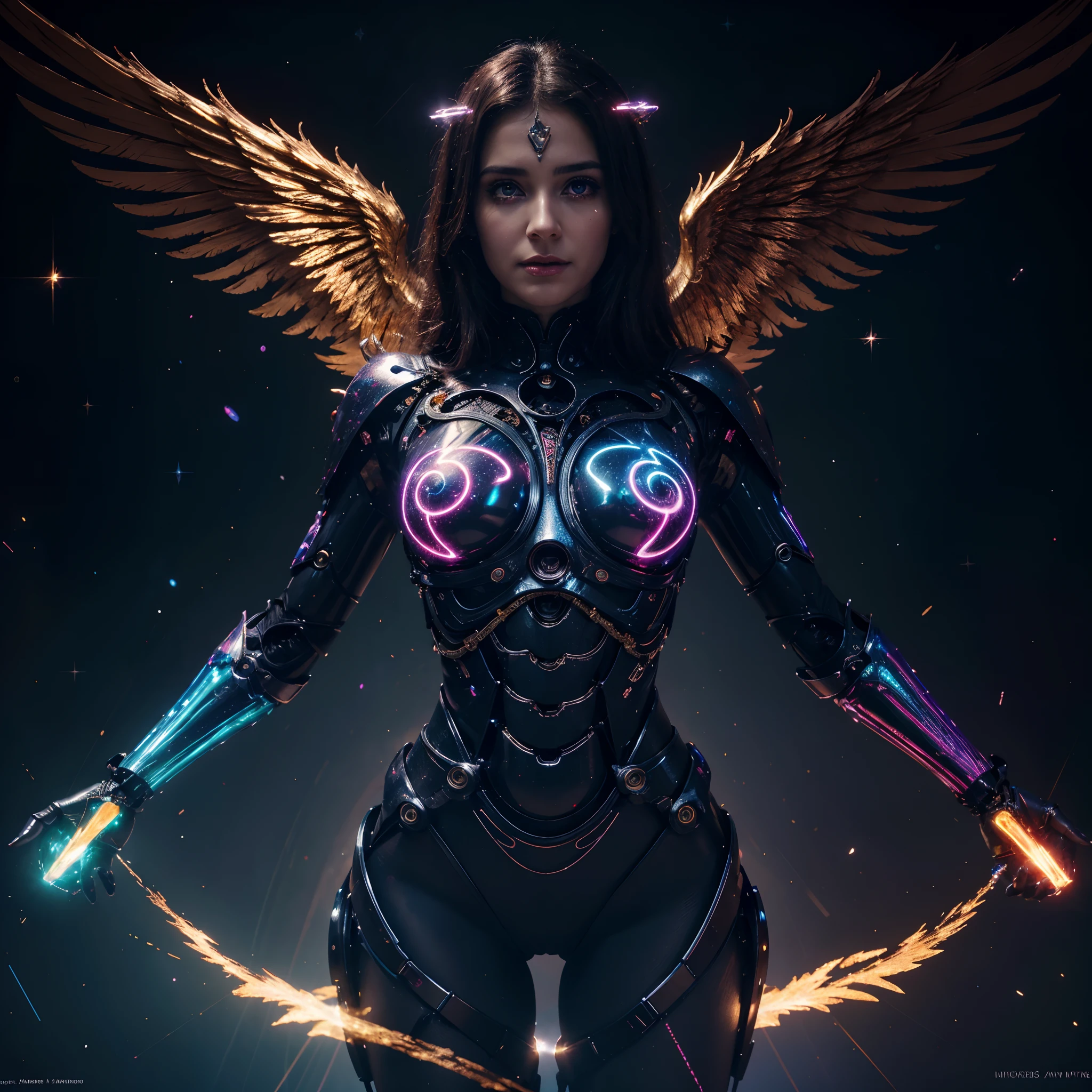 Cosmic fallen angel, Des yeux clairs brillants, Biomechanical, odd, flippant, cauchemardesque, Very bright colors, Light particles, with bright light, Mshiff, Art du papier peint, UHD wallpaper