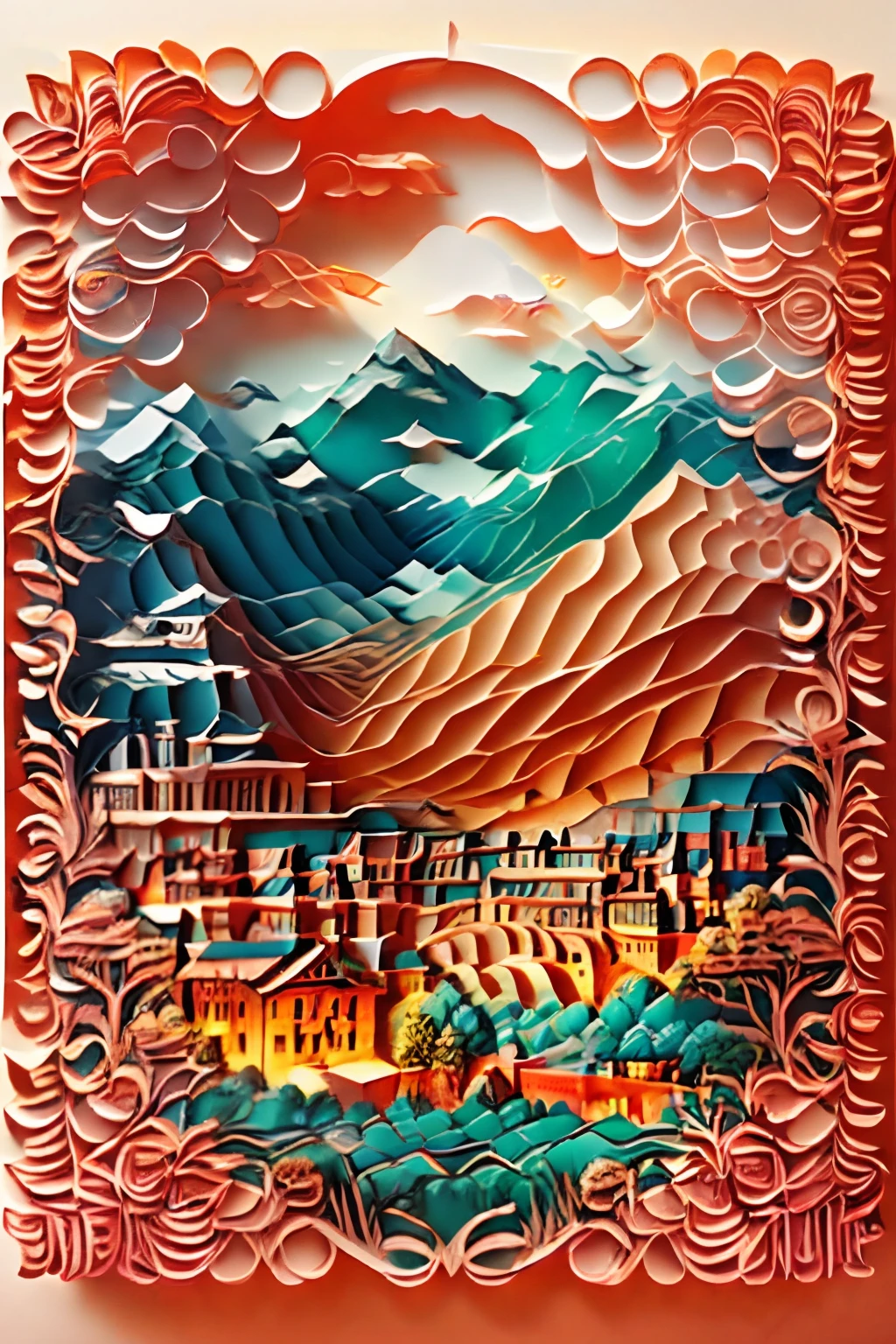 Terraced scenery with beautiful mountains and waters close-up, Exquisite terrace，Best quality, Ultra-detailed, Realistic:1.37,Masterpiece、Mandelbrot shape;1.9、Three-dimensional paper cutting art、Extremely colorful:1.9,illustration:1.3，paper art:1.3, reasonable design, Clear lines,Best quality, Masterpiece, movie light effect, 4K,thomas.gold,Quilted paper art:1.2,ultra-wide-angle,((Multidimensional paper art,Paper illustration,Three-dimensional paper cutting,3D relief))