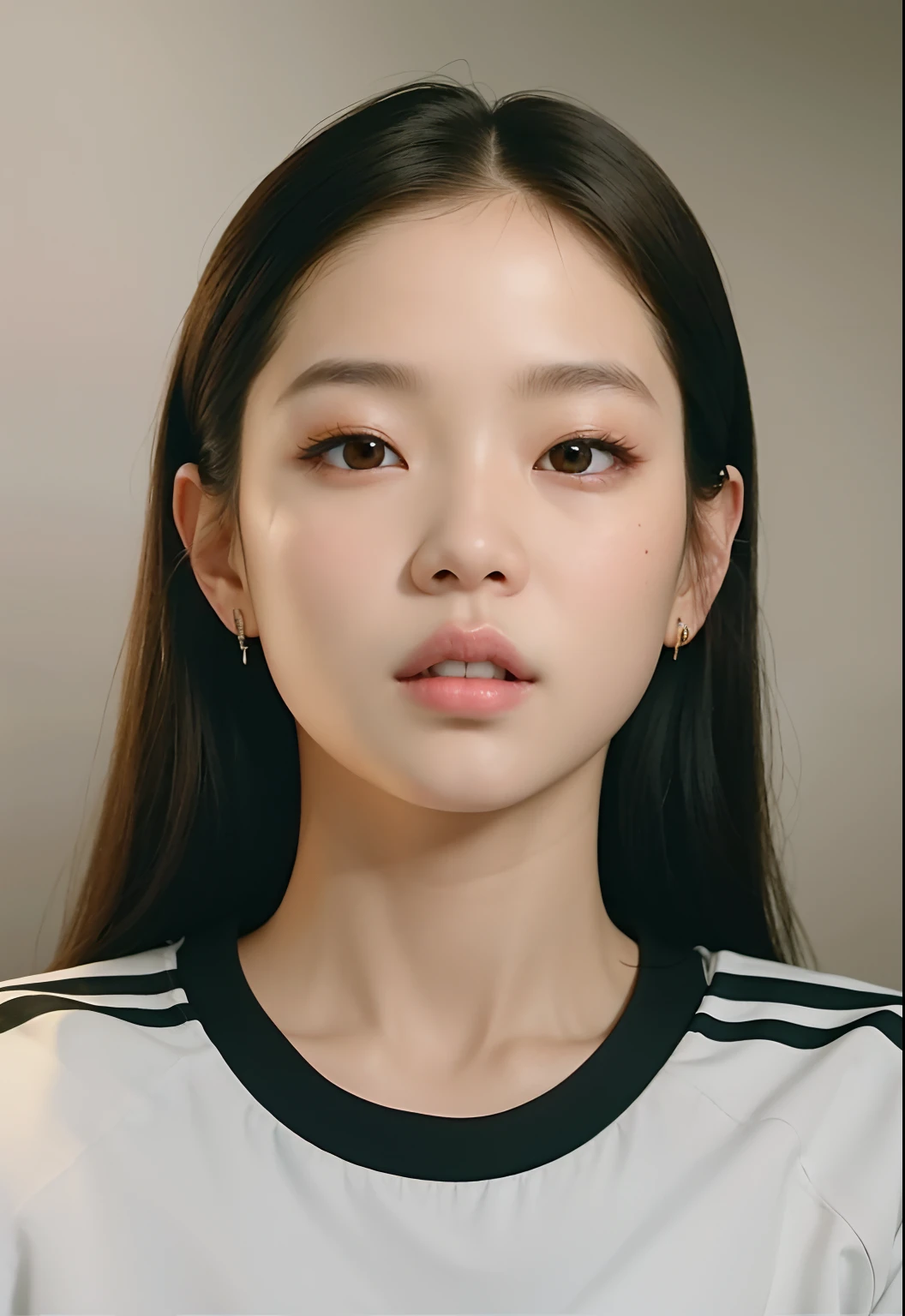 A woman with long hair and a white shirt looks into the camera, jennie blackpink, Retrato de Jossi de Blackpink, korean symmetrical face, Parque Ji-min, Lee Ji-eun, Lee Ji - Eun, TaeJune Kim, young adorable korean face, Shin min jeong, jossi do blackpink, Heonhwa Choe, Jaeyeon Nam