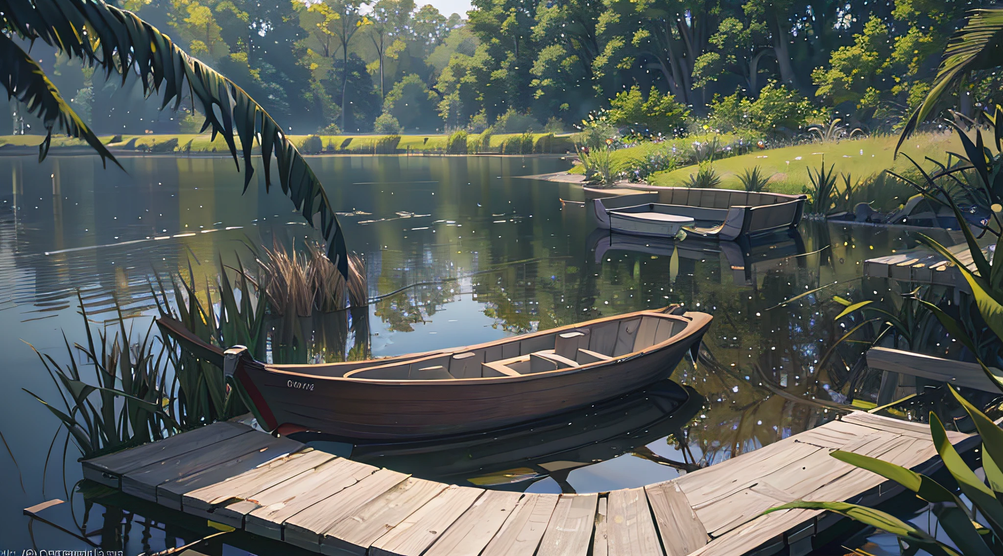 Wallpaper, summer pond, pond, boat, afternoon sun, reeds, pond background, depth of field, hot weather, HD detail, wet watermark, hyperdetail, realistic photo, 16k, surrealism, soft light, deep field focus bokeh, ray tracing, diffuse (ultra-fine glass reflection) and surrealism. --v6