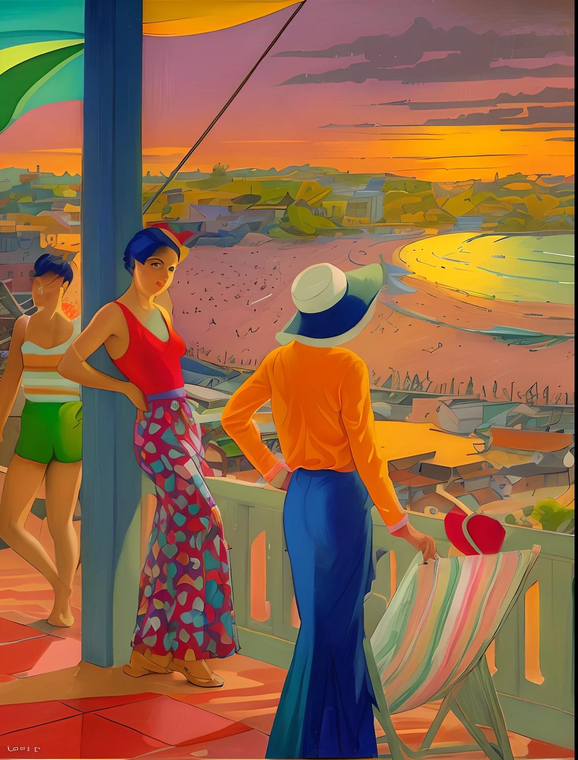 There are two women standing on a balcony overlooking the beach, psychedelic colouring, inspirado por Peter Alexander Hay, inspirado em Archibald Motley, inspirado em Bunny Yeager, Inspirado em Mads Berg, inspirado em Gustave Boulanger, cena surreal, fundo colorido, em estilo de pintura digital, inspirado em Robert Ballagh, inspirado por Abraham van Calraet