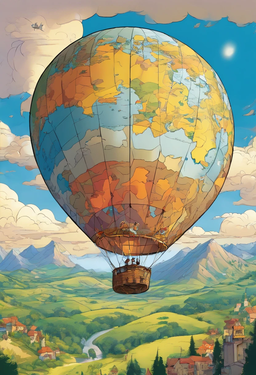 A picture of a hot air baloon whose baloon is a the (map of Earth: best detailed, masterpiece, ultra detailed: 1.5), it flies at dawn, over rolling grass hills, high details, best quality, 16k, [ultra detailed], masterpiece, best quality, (ultra detailed), full body, ultra wide shot, photorealism 3d rendering,