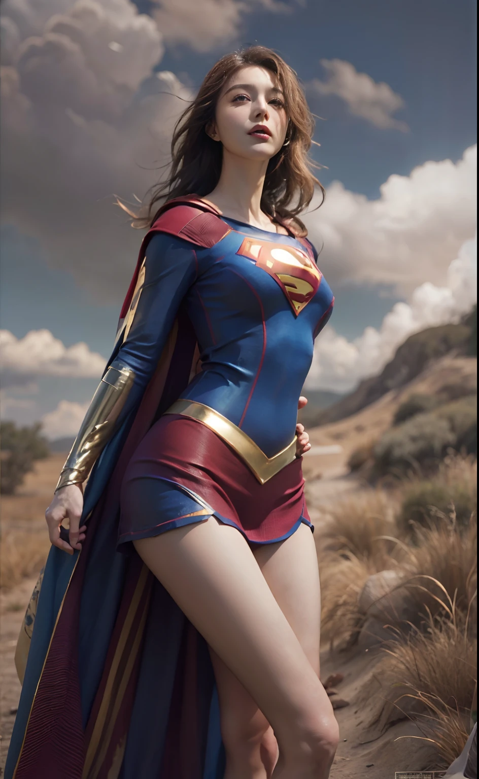 half-length,1girl,(Perfect figure,be tall and slim),solo,standing,(outdoor:1),sky,Focus on the face,Beautiful face,Detailed delicate young face,supergirl, (Super girl suit:1.5),Jumpsuit,(huge breasts,Big tits,Big breasts:1.3),thigh gap,camel toe
realistic style,vivid picture,masterpiece, (best quality:1.2),ultra-detailed,realistic,High definition,High quality,Cinematic Light,Ray tracing,ultra high res,UHD,(photorealistic:1.5),intricate details,detailed texture,finely detailed,High quality shadow