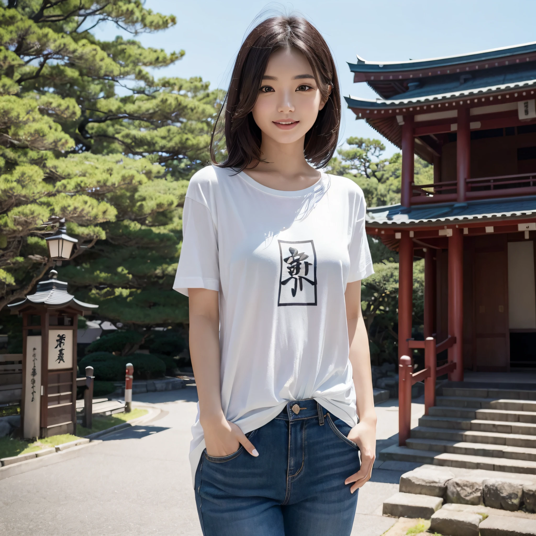 One beauty、((best qualtiy、8k masterpieces:1.3))、foco nítido:1.2、(ultra beautiful faces:1.0)、(shinny skin:1.0)、photos realistic、A dark-haired、Video Lighting、High-definition eyes and face、Video Lighting、25-year-old Japan actress、from the front side、medium breasts、Smile、Slender Abs Beauty、Whole body、Kanji for Japan「tenderness」Wearing a T-shirt、At the shrine