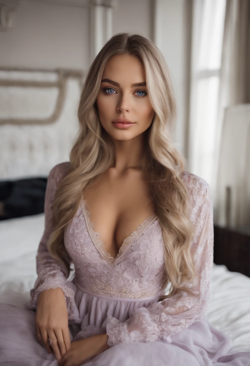 arafed woman fully , sexy girl with blue eyes, ultra realistic, meticulously detailed, portrait sophie mudd, blonde hair and large eyes, selfie of a young woman, bedroom eyes, violet myers, without makeup, natural makeup, looking directly at the camera, face with artgram, subtle makeup, stunning full body shot kneeling on bed, in bedroom, medium to large size bust