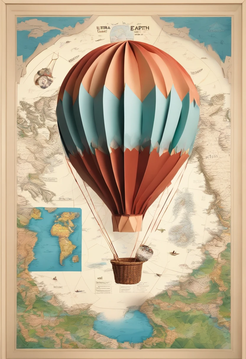 A picture of a hot air baloon whose baloon is a the (map of Earth: best detailed, masterpiece, ultra detailed: 1.5), it flies at dawn, over rolling grass hills, high details, best quality, 16k, [ultra detailed], masterpiece, best quality, (ultra detailed), full body, ultra wide shot, photorealism 3d rendering,