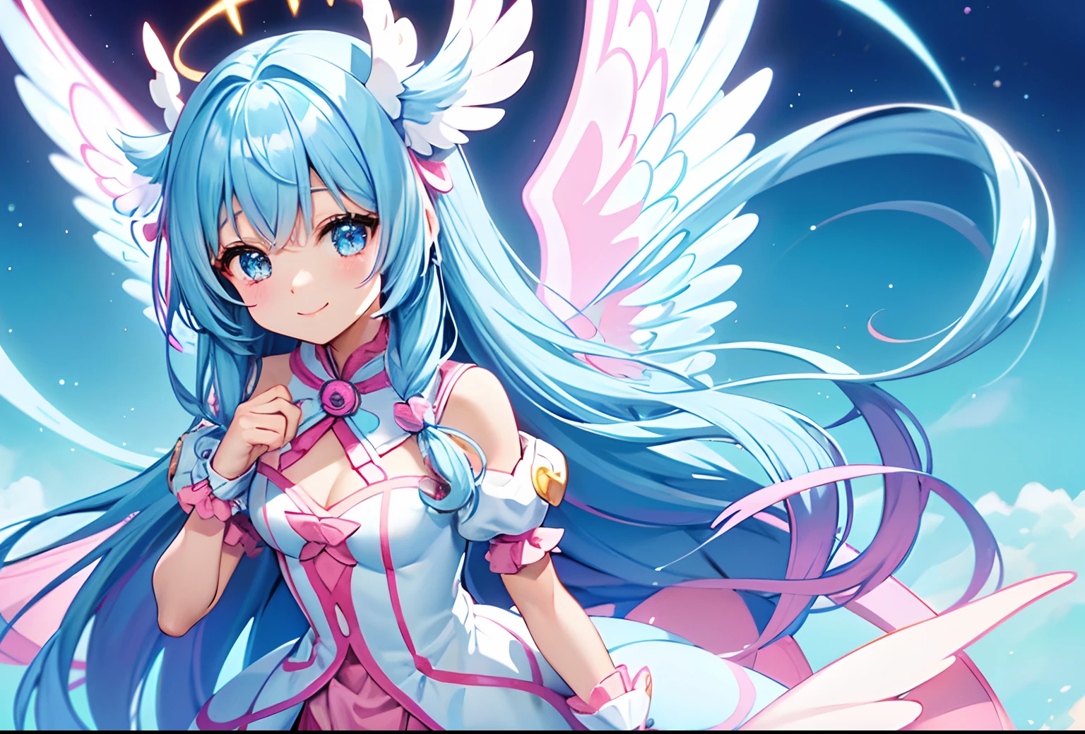 Colorful glowing angel wings、Kawaii Girl、adorable smiling、Light blue long hair、Twin-tailed、Colorful angel costume、Pink and white costume　((top-quality))、((​masterpiece))、(ighly detailed、highestdetailed、Official art、Beautifully Aesthetic:1.2)