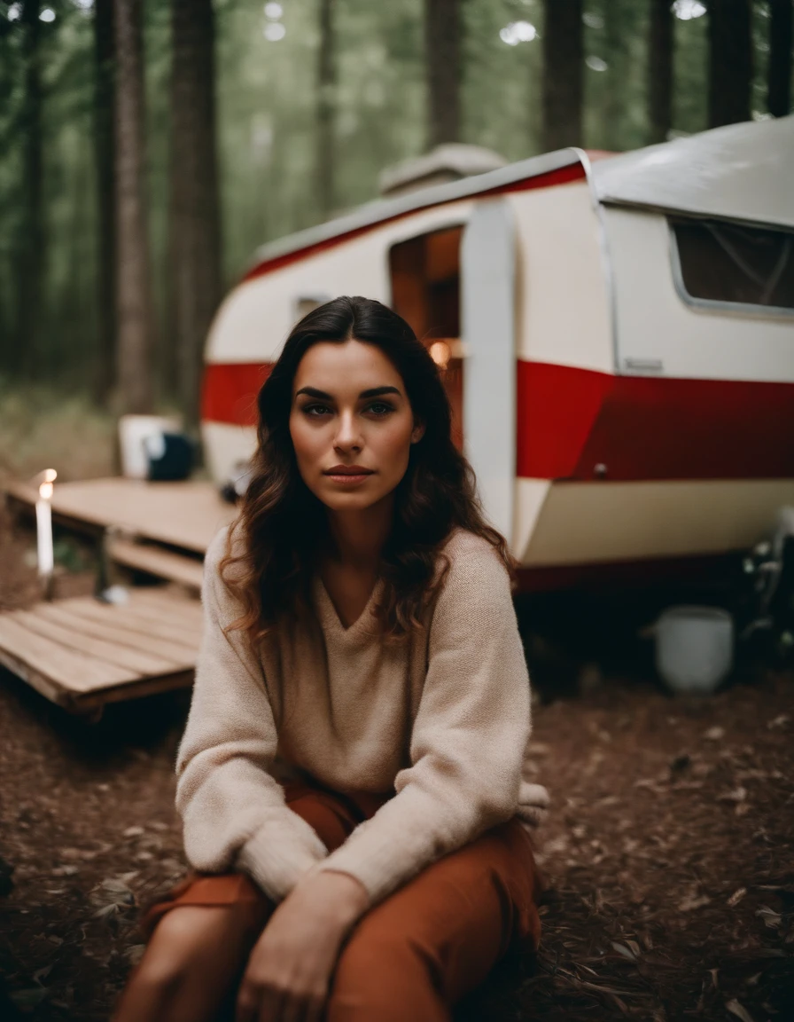 analog photography, grain film, vintage photo, portra 400, flash, in the style of lo-fi aesthetics, a girl sitting near a camping trailer, light beige and red, half body shot