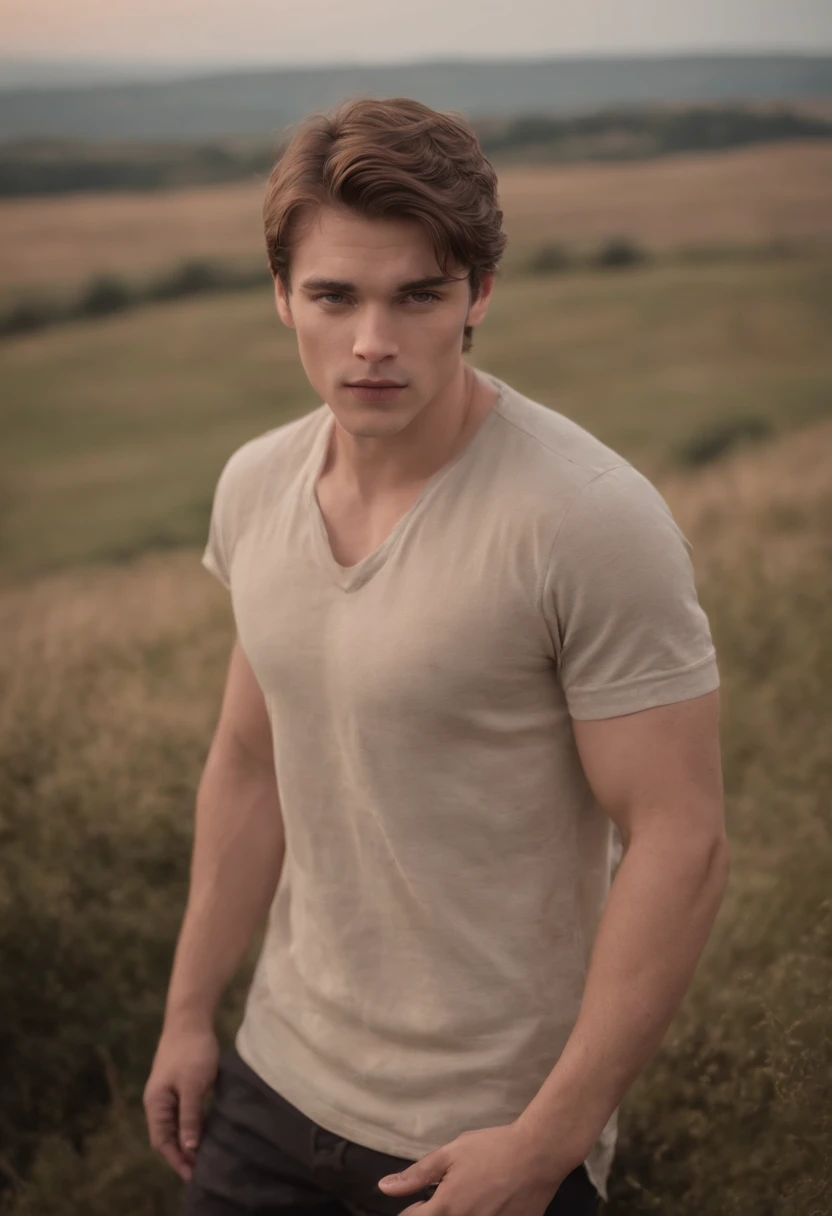 Portrait of a handsome welsh male model, 20 years old, shirtless and shortless, with no beard, with red and messy wavy hair, super light blue eyes, thick lips, defined muscles, fit, ripped body, long shot, ultra high detailed face, realistic, fraca light