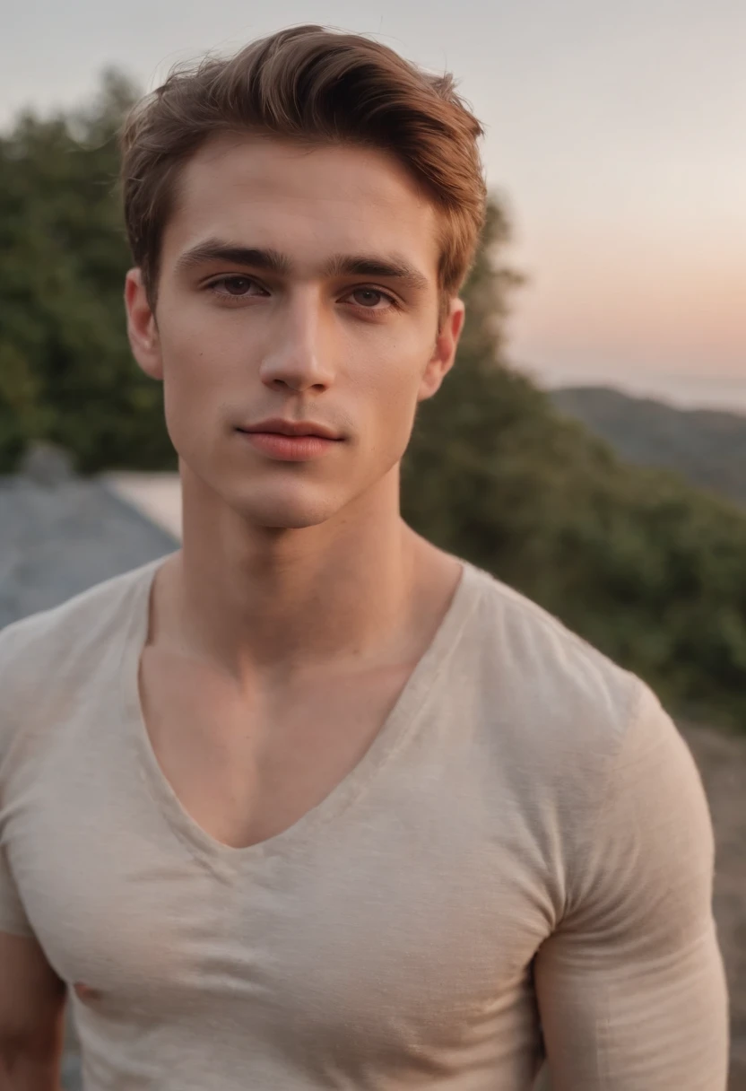 homem-anjo, sexy, sem camisa, de 22 anos, ruivo, com sardas, origem irlandes, Flying in a dusk sky