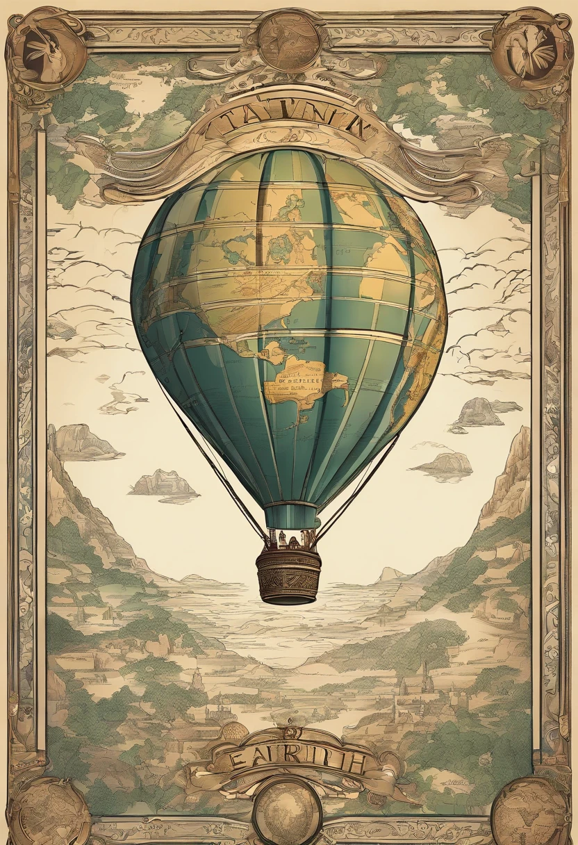 A picture of a hot air baloon whose baloon is a the (map of Earth: best detailed, masterpiece, ultra detailed: 1.5), it flies at dawn, over rolling grass hills, high details, best quality, 16k, [ultra detailed], masterpiece, best quality, (ultra detailed), full body, ultra wide shot, photorealism 3d rendering,