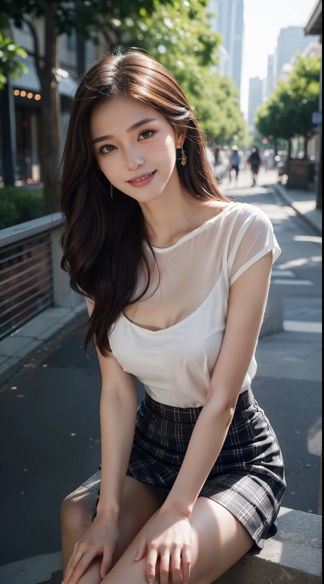 8k, masterpiece, RAW photo, best quality, photorealistic, extremely detailed CG unity 8k wallpaper, Depth of field, Cinematic Light, Lens Flare, Ray tracing, (extremely beautiful face, beautiful lips, beautiful eyes), intricate detail face, ((ultra detailed skin)) 1girl, in the dark, deep shadow, pretty Asian girl, idol, 1 girl, (very slim slender fit-muscled body:1.3), ((looking at viewer)),(big smile:1.3), ((laced blouse)), (short sleeve) , (daylight big buildings, tree, (blurred background), (night), cityscape, rooftops, beautiful earrings, clear eyes, (pale skin), (big eyes), face forward, (brown hairs),((plaid skirt)), (looking at viewer:1.3), (open breast), (very slim), medium breasts, thick thighs, medium butts, close up, see through, slim legs