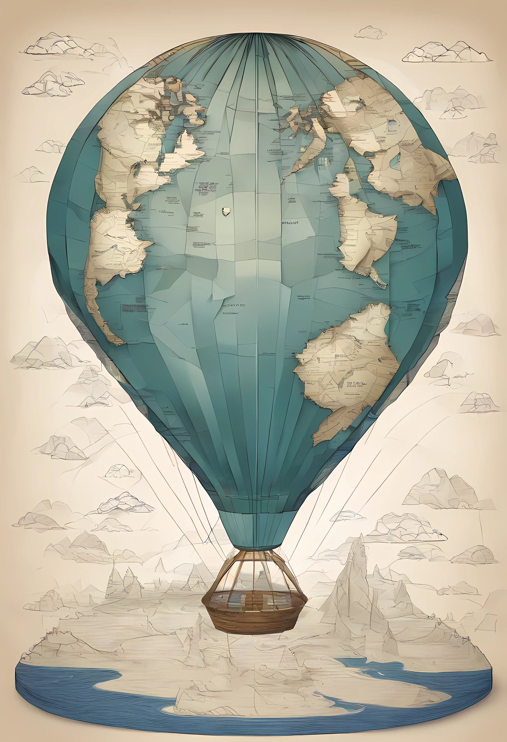 A picture of a hot air baloon whose baloon is a the (map of Earth: best detailed, masterpiece, ultra detailed: 1.5), it flies at dawn, over rolling grass hills, high details, best quality, 16k, [ultra detailed], masterpiece, best quality, (ultra detailed), full body, ultra wide shot, photorealism 3d rendering,