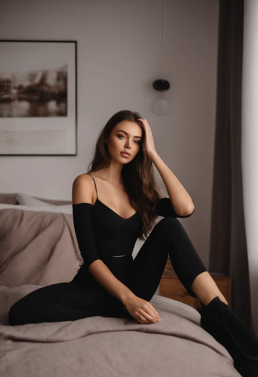 Arafed woman with black clothes, sexy girl with brown eyes, Portrait Sophie Mudd, brown hair and big eyes, selfie of a young woman, Bedroom eyes, Violet Myers, without makeup, natural makeup, looking straight at camera, Face with Artgram, Subtle makeup, Stunning full body photo, in bedroom, cleavage