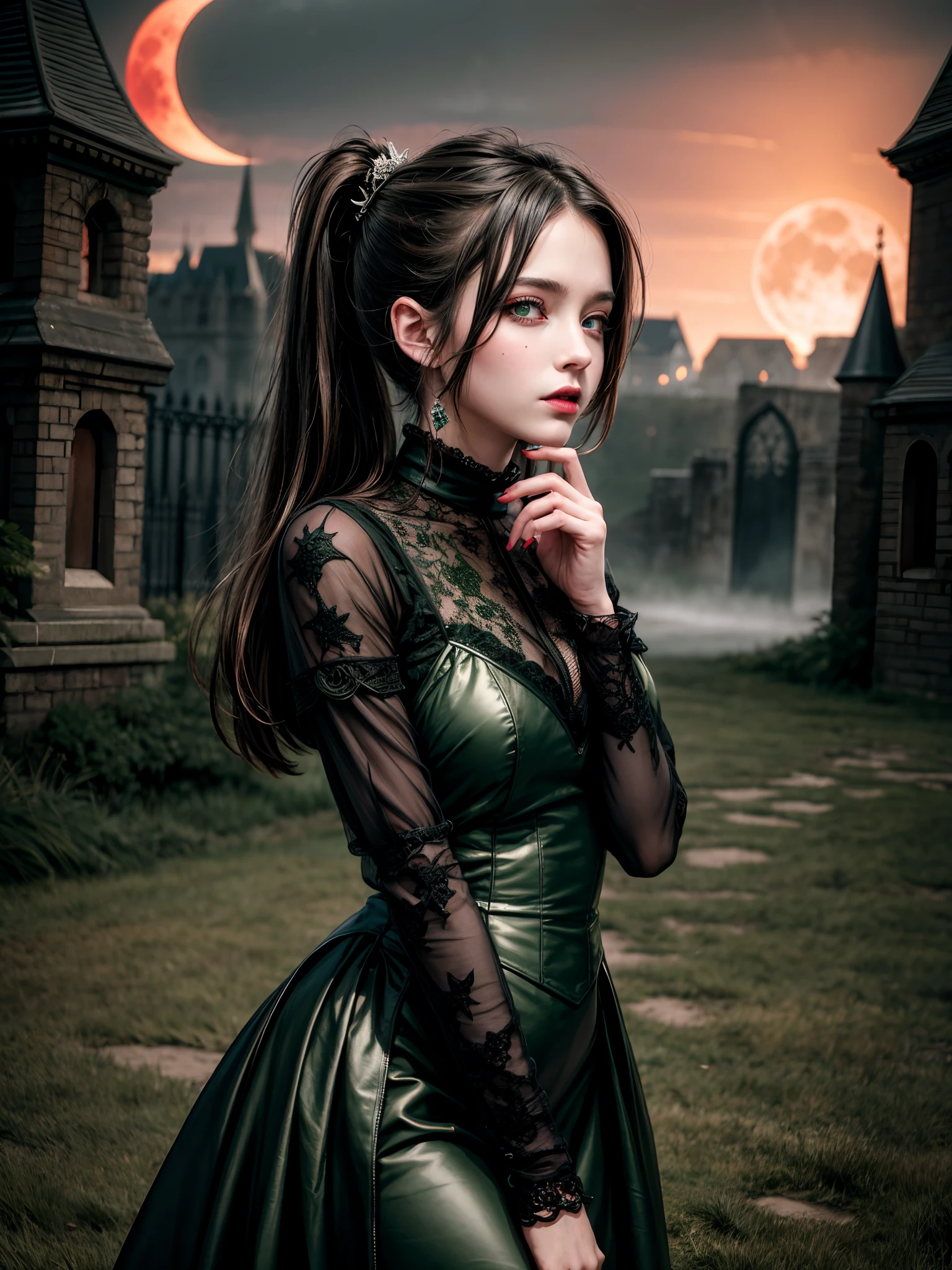 Medium shot, full body, perfect body, showing her for proniment sharp canine sharp focus, woman focus (Best Illustration), 8k Resolution, Intricate Details, Best Quality, Realistic, Ultra Detailed, Best Lighting, Best Shadows, Ultra HD, BREAK A Necromancer, Night, dark Magical auras, Dark Style, Vampire, (( alot of bats flying around, fog, blood splash on the ground, blood moon, red sky, dark theme)), (shining green eyes:1.6),(blood on the body and face and eyes:1.2)BREAK masterpiece, high_res, Beautiful face, tyndall effect, photo realistic, (high detailed skin:1.2), 8k uhd, dslr, high quality, Photograph, high resolution,(extremely detailed), 8k, Bokeh, BREAK medium breasts, absurdres, ponytail contorted, best ratio four finger and one thumb, (gothic style castle background) , mature,tall body, gothic style dress, A raven rests on her shoulder