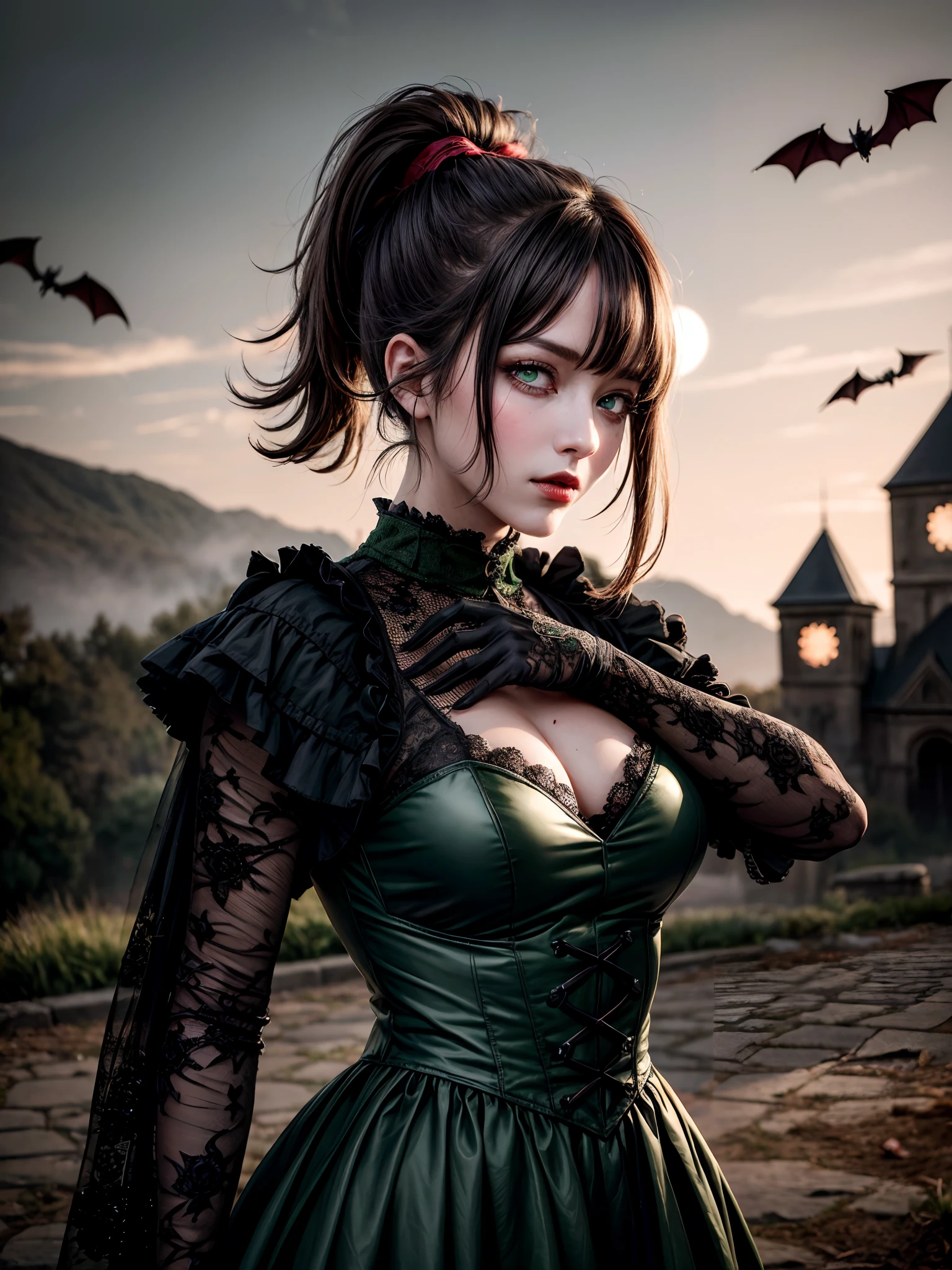 Medium shot, full body, perfect body, showing her for proniment sharp canine sharp focus, woman focus (Best Illustration), 8k Resolution, Intricate Details, Best Quality, Realistic, Ultra Detailed, Best Lighting, Best Shadows, Ultra HD, BREAK A Necromancer, Night, dark Magical auras, Dark Style, Vampire, (( alot of bats flying around, fog, blood splash on the ground, blood moon, red sky, dark theme)), (shining green eyes:1.6),(blood on the body and face and eyes:1.2)BREAK masterpiece, high_res, Beautiful face, tyndall effect, photo realistic, (high detailed skin:1.2), 8k uhd, dslr, high quality, Photograph, high resolution,(extremely detailed), 8k, Bokeh, BREAK medium breasts, absurdres, ponytail contorted, best ratio four finger and one thumb, (gothic style castle background) , mature,tall body, gothic style dress, A raven rests on her shoulder