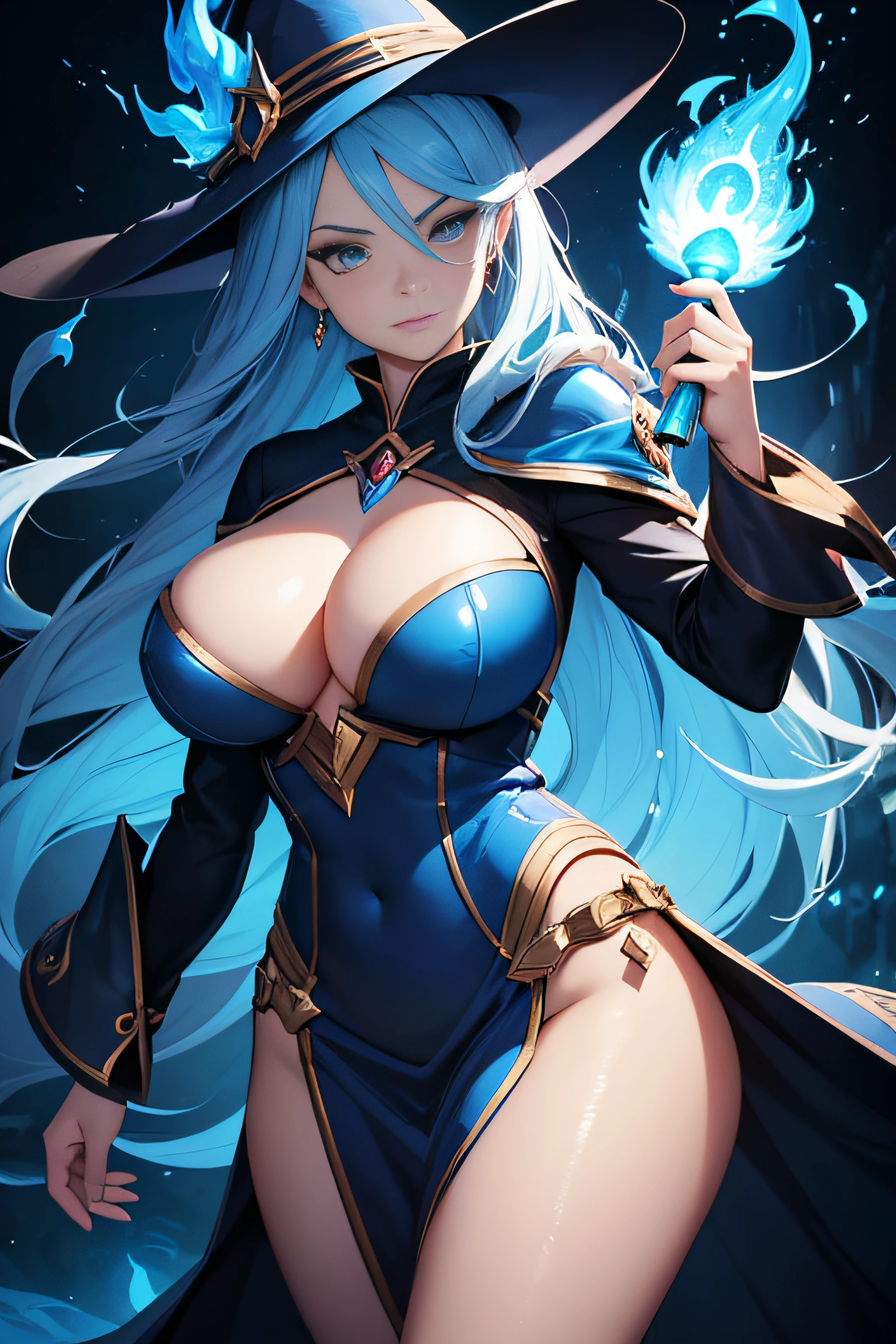 Cartoon image of a woman with blue flame and black hat, mighty plump female sorceress, epic mage girl character, she has fire powers, firemage, league of legends art style, full art illustration, character splash art, Artgerm and Atey Ghailan, samira from league of legends, rossdraws cartoon vibrant