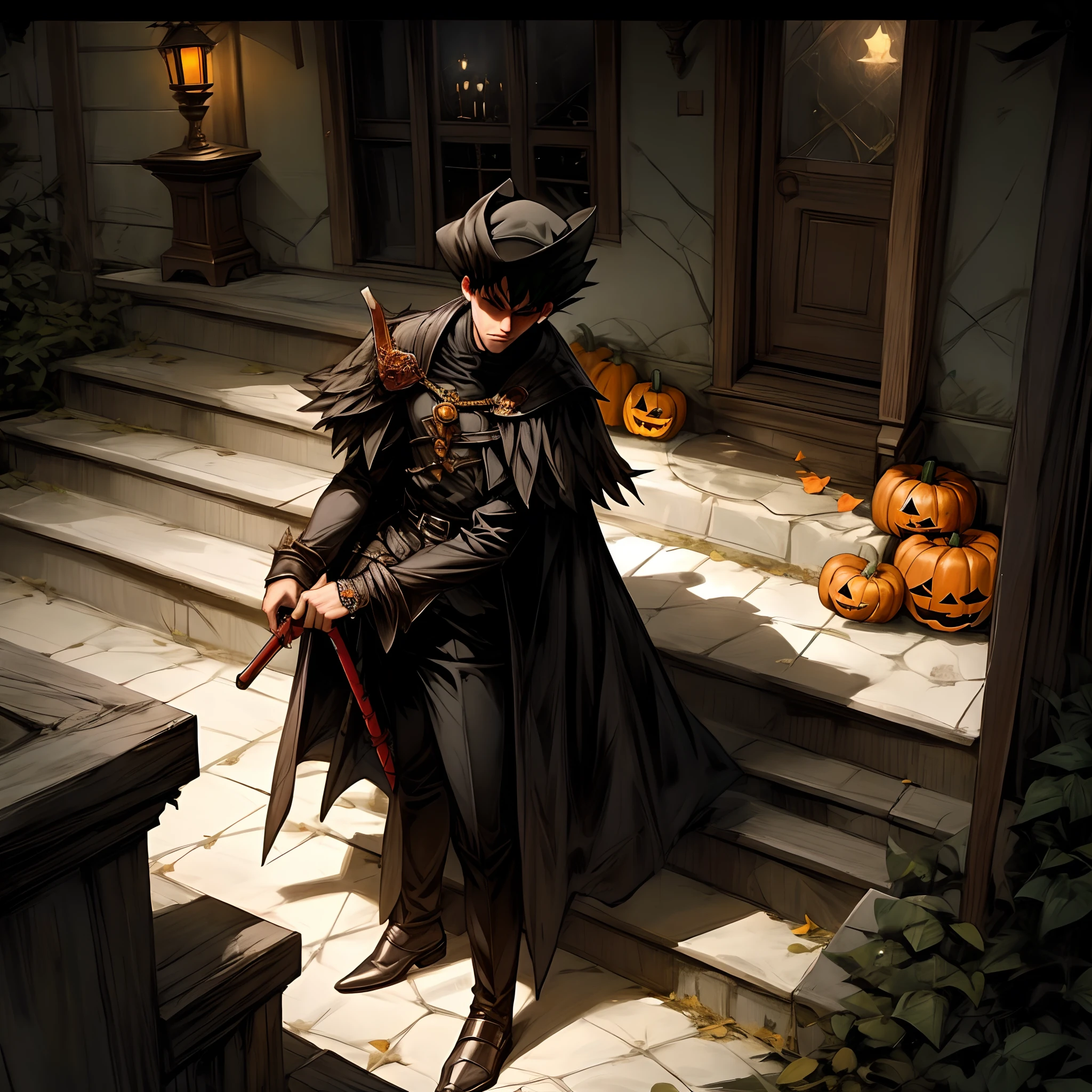 guts from berserk in a black aesthetic outfit drinking lean and wearing all diamond jewelry in outside a house at night on Halloween, sqauting on the steps