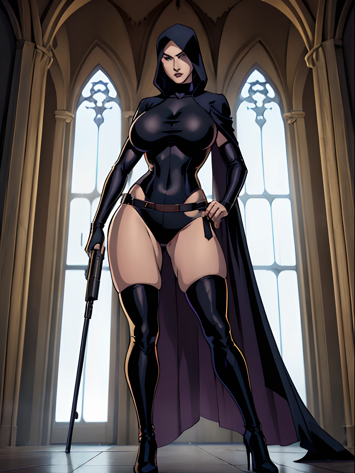 (masterpiece, top quality, best quality, official art, beautiful and aesthetic:1.2), (1girl:1.3), light freckles, fair skin, extremely detailed, portrait, looking at viewer, solo, (full body:0.6), detailed background, close up, (dark gothic theme:1.1), nun with guns, charlatan, smirk, mysterious, swaggering through cathedral, modest attire, black habit, cowl, nun hood, wimple, thigh-high boots, bodysuit, leotard, loose sleeves, cloak, corset, leather straps, ammunition pouches, long boots, submachineguns, SMGs, MP5s, thigh pouches, holsters, garters, ((((narrow hips, slim sexy body, gigantic breasts)))), slim waist, slim hips, long legs, modern (cathedral exterior:1.1) background, dark mysterious lighting, shadows, magical atmosphere, dutch angle,