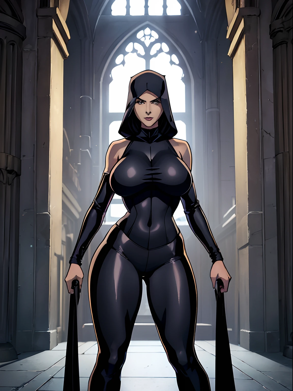 (masterpiece, top quality, best quality, official art, beautiful and aesthetic:1.2), (1girl:1.3), light freckles, fair skin, extremely detailed, portrait, looking at viewer, solo, (full body:0.6), detailed background, close up, (dark gothic theme:1.1), nun with guns, charlatan, smirk, mysterious, swaggering through cathedral, modest attire, black habit, cowl, nun hood, wimple, thigh-high boots, bodysuit, leotard, loose sleeves, cloak, corset, leather straps, ammunition pouches, long boots, submachineguns, SMGs, MP5s, thigh pouches, holsters, garters, ((((narrow hips, slim sexy body, gigantic breasts)))), slim waist, slim hips, long legs, modern (cathedral exterior:1.1) background, dark mysterious lighting, shadows, magical atmosphere, dutch angle,