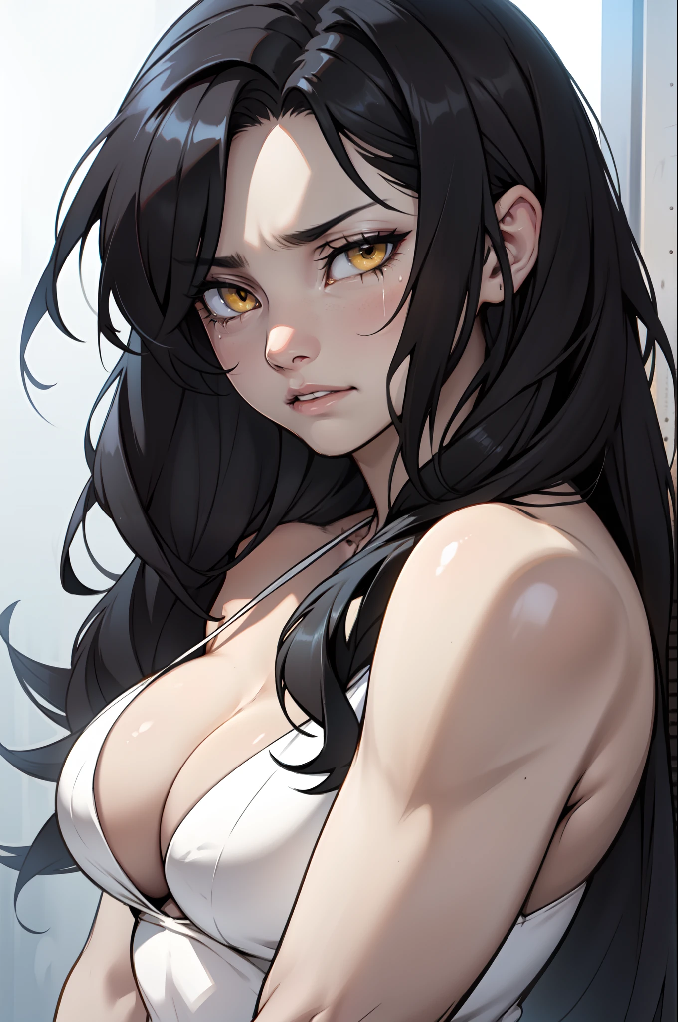 1girl black hair yellow eyes very long hair pale skin crying close up cleavage sad