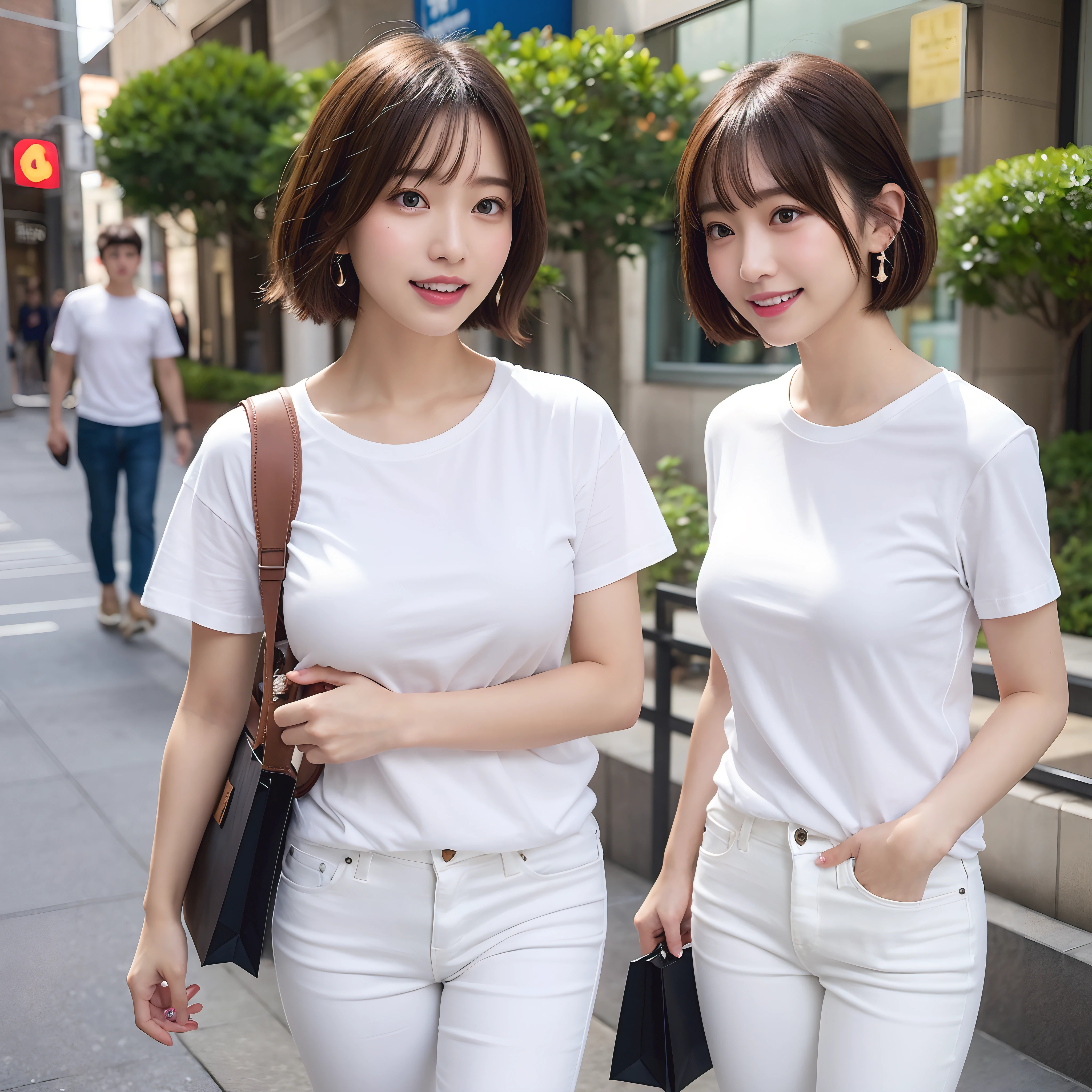 masutepiece, Best Quality, Ultra-detailed, finely detail, hight resolution, 8K, Perfect dynamic composition,Apparel Shop、(((Shopping while shopping)))、(((White Small T-Shirt)))、((Skinny Jeans))、(Walking)、(((Looking away)))、backpack、Golden earrings、A Japanese Lady、 Beautiful detailed eyes, Medium short hair, Natural Color Lip,(large full breasts)、Opens mouth and laughs、bangss、Red cheeks、Looking to the side、Detailed skin、from the rear