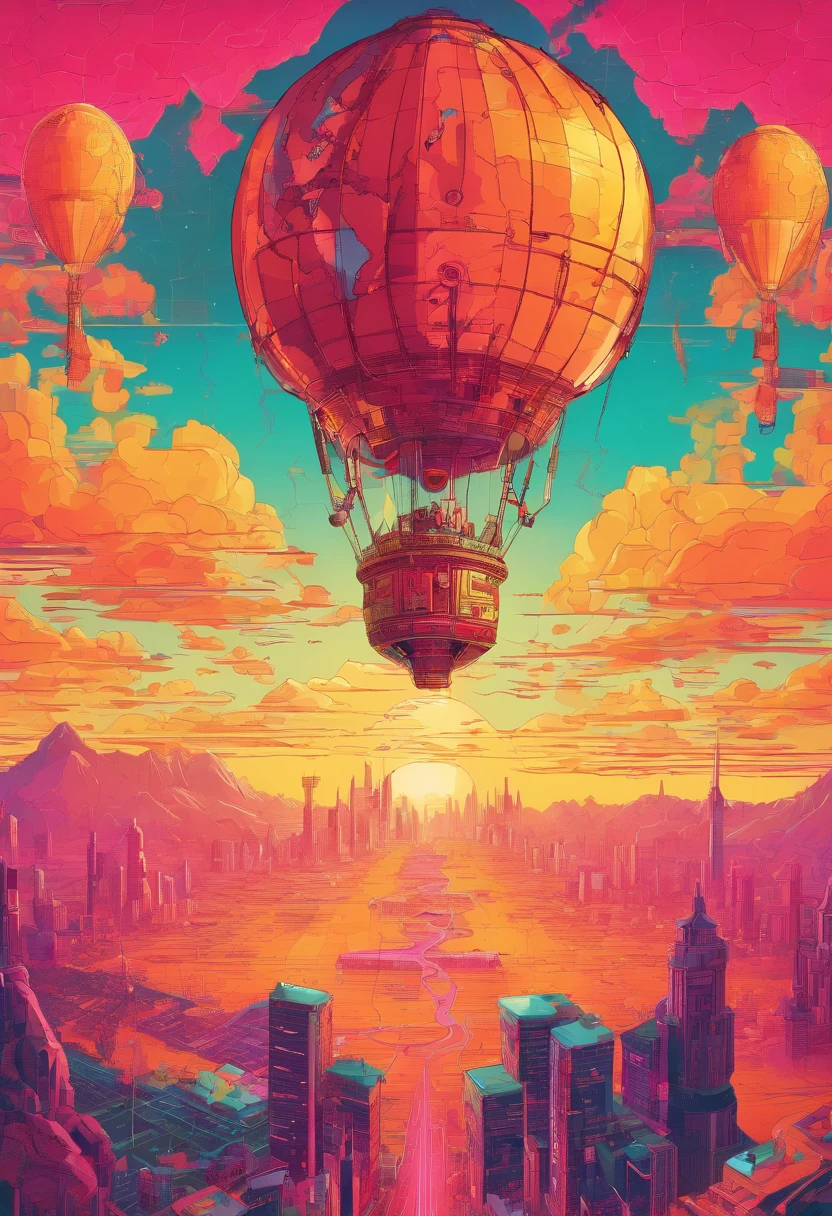 A picture of a hot air baloon whose baloon is a the (map of Earth: best detailed, masterpiece, ultra detailed: 1.5), it flies at dawn, over rolling grass hills, high details, best quality, 16k, [ultra detailed], masterpiece, best quality, (ultra detailed), full body, ultra wide shot, photorealism 3d rendering,
