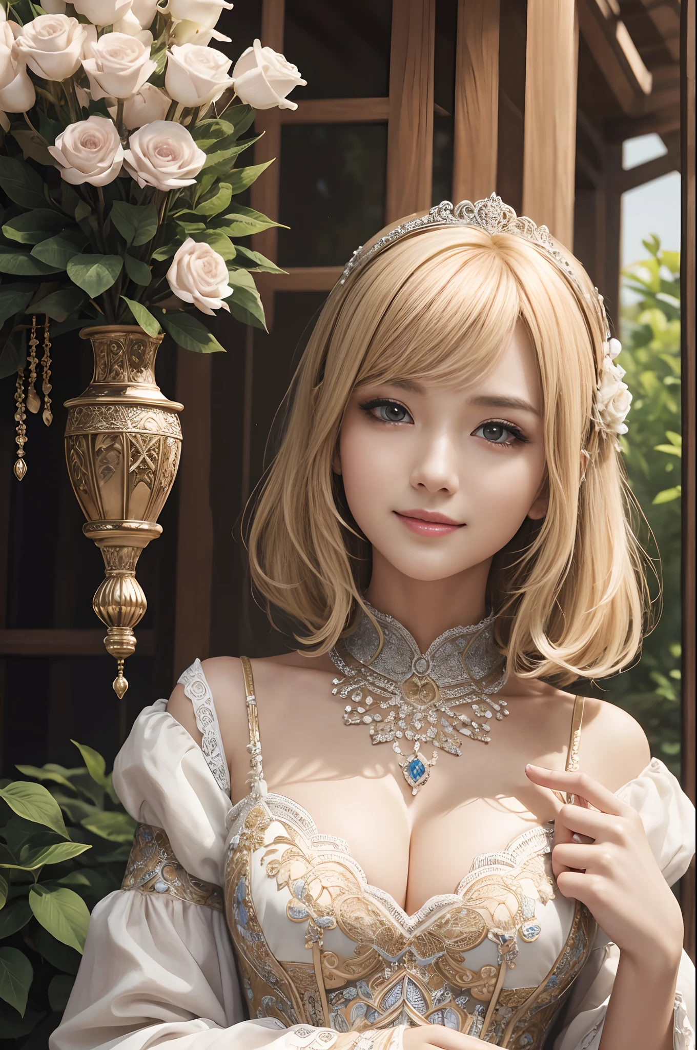 (dark shot:1.1)The whole body of the princess,Sexy princess costume with big breasts(absurderes、hight resolution、ultra-detailliert)、Full body of one woman、Red and white princess costume,Mature princess with big breasts、Princess in a luxurious dress、Blonde Short Bob、Mature woman with thin big breasts、blue eyess、sexy dress、long-sleeve、Finely detailed eyes and detailed face、intricate-detail、BREAK Mosaic Art、small pieces、colorful tesserae、complex pattern、Tiled design、durable surfaces、Old-fashioned technique BREAK macro photography、extreme close - up、intricate-detail、magnified textures、Stunning clarity、Hidden beauty、Immersive perspective break、 artisanal creations、Handmade products、unique designs、intricate detailes、Creative expression、skilled craftsmanship,enticing,enticing,English gardens,a smile,