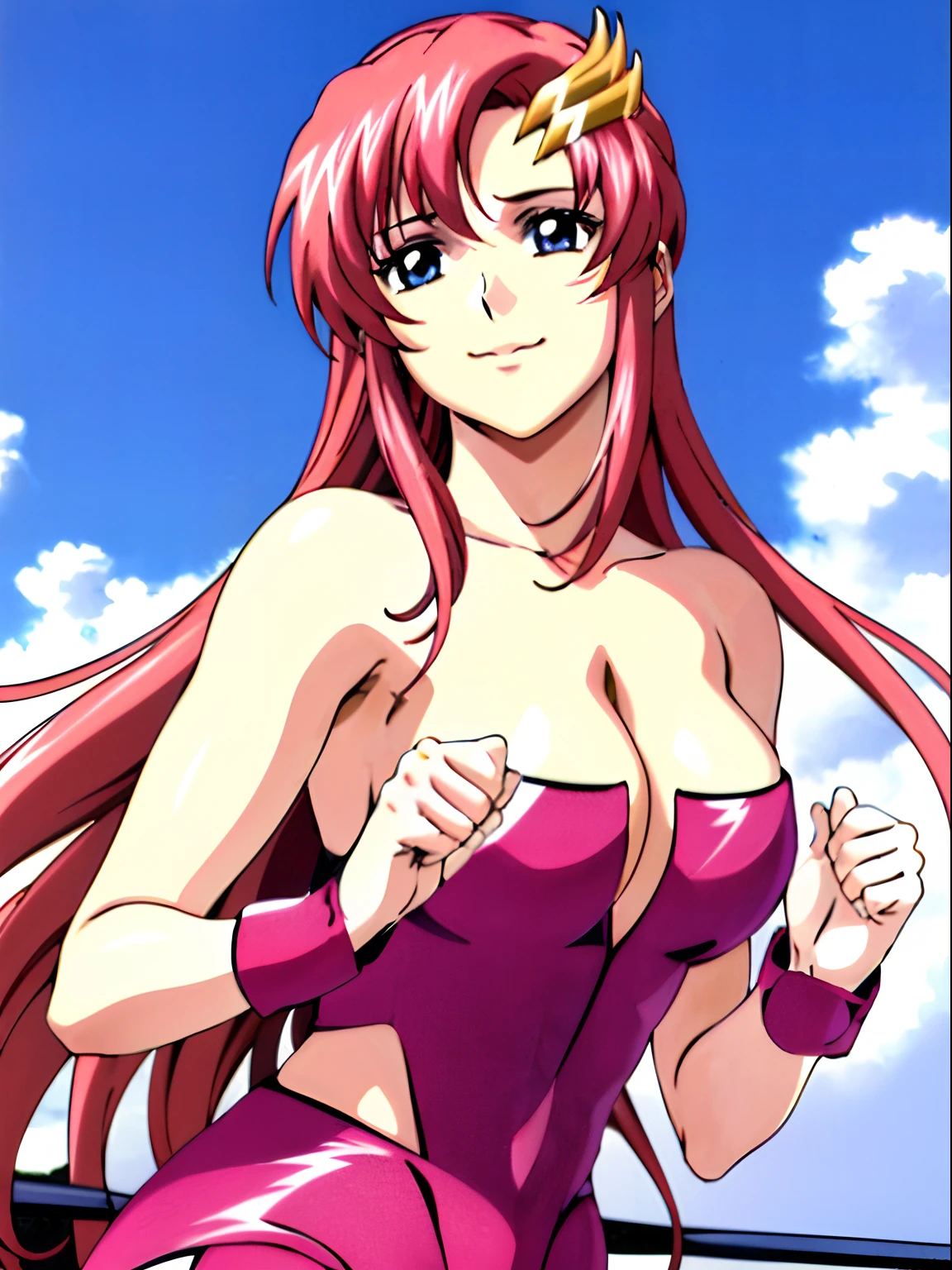 (((pink strapless wrestling outfit))), (masterpiece, , 4K, Best Quality, Anime style: 1.9,, Adult Woman, ultra detailed face, (cloud background, wrestling), Drawing lines, high resolution, Anime, lacus4), 1girl, Solo, curvy figure, Long hair, 鎖骨, scapular, (Detailed wide hair bangs, Hair Ornament, Detailed reddish-pink hair, golden crest), cleavage, large hands, (pro female wrestler). (Big blue eyes, shiny eyes), ((female wrestler, little biceps, slender body, broad shoulders, closed fists, closed mouth)), ((perfect proportions, medium breasts, cleavage, long belly)), (((pink wrestling outfit))),( looking at the viewer, happy),