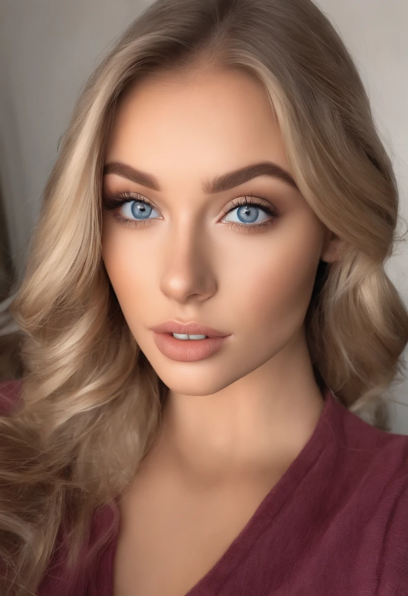selfie , sexy girl with blue eyes, ultra realistic, meticulously detailed, portrait sophie mudd, blonde hair and large eyes, selfie of a young woman, bedroom eyes, violet myers, without makeup, natural makeup, looking directly at the camera, face with artgram, subtle makeup, up shot, in living room, medium to large size bust