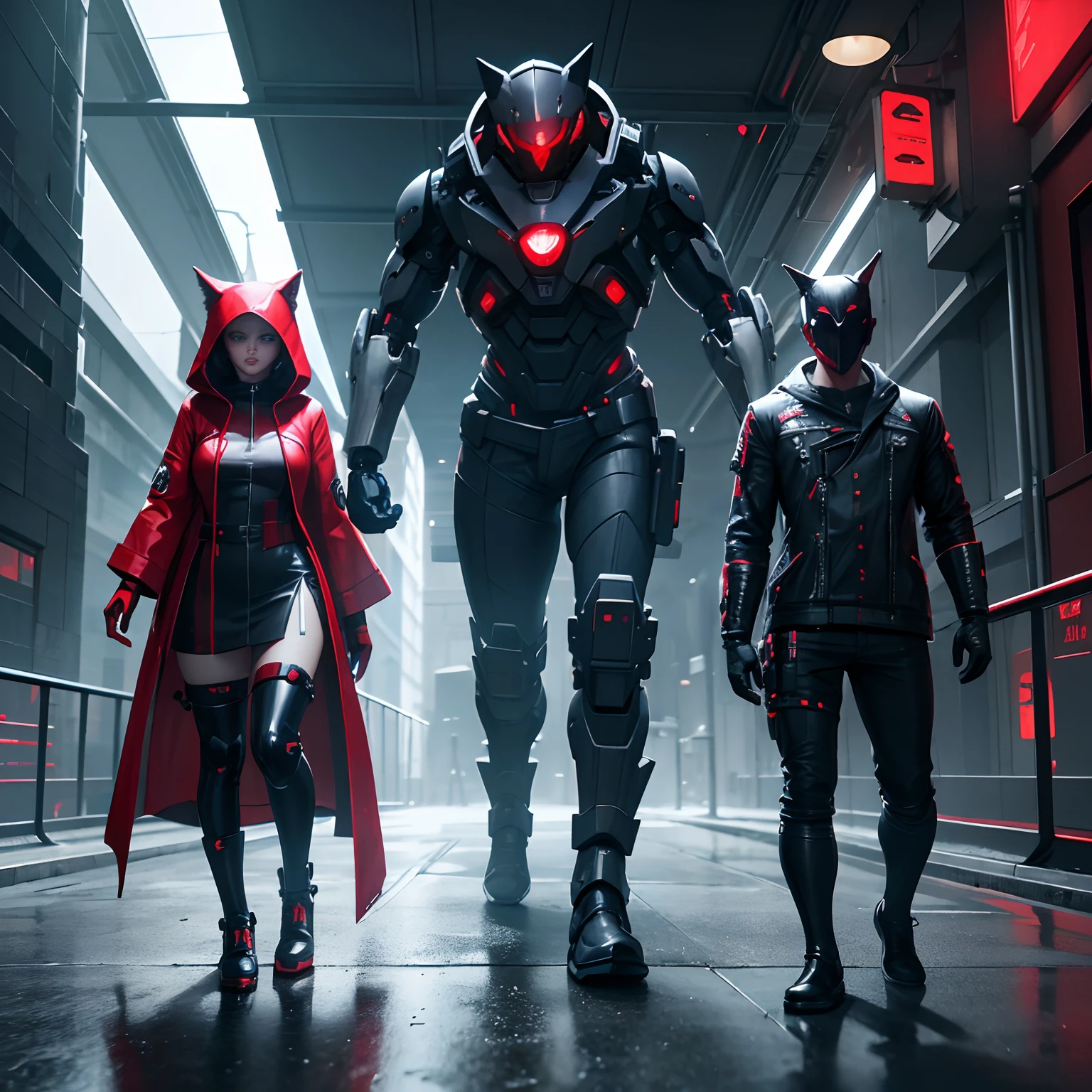 Futuristic Little Red Riding Hood with Robotic Prosthetics Fighting Futuristic Big Bad Wolf with Robotic Prosthetics, Estilo cyberpunk, In the background of the thunderstorm, ciudad de Neo Tokio 2077, Imagen 3D, 8K 9HDR resolution, altos detalles