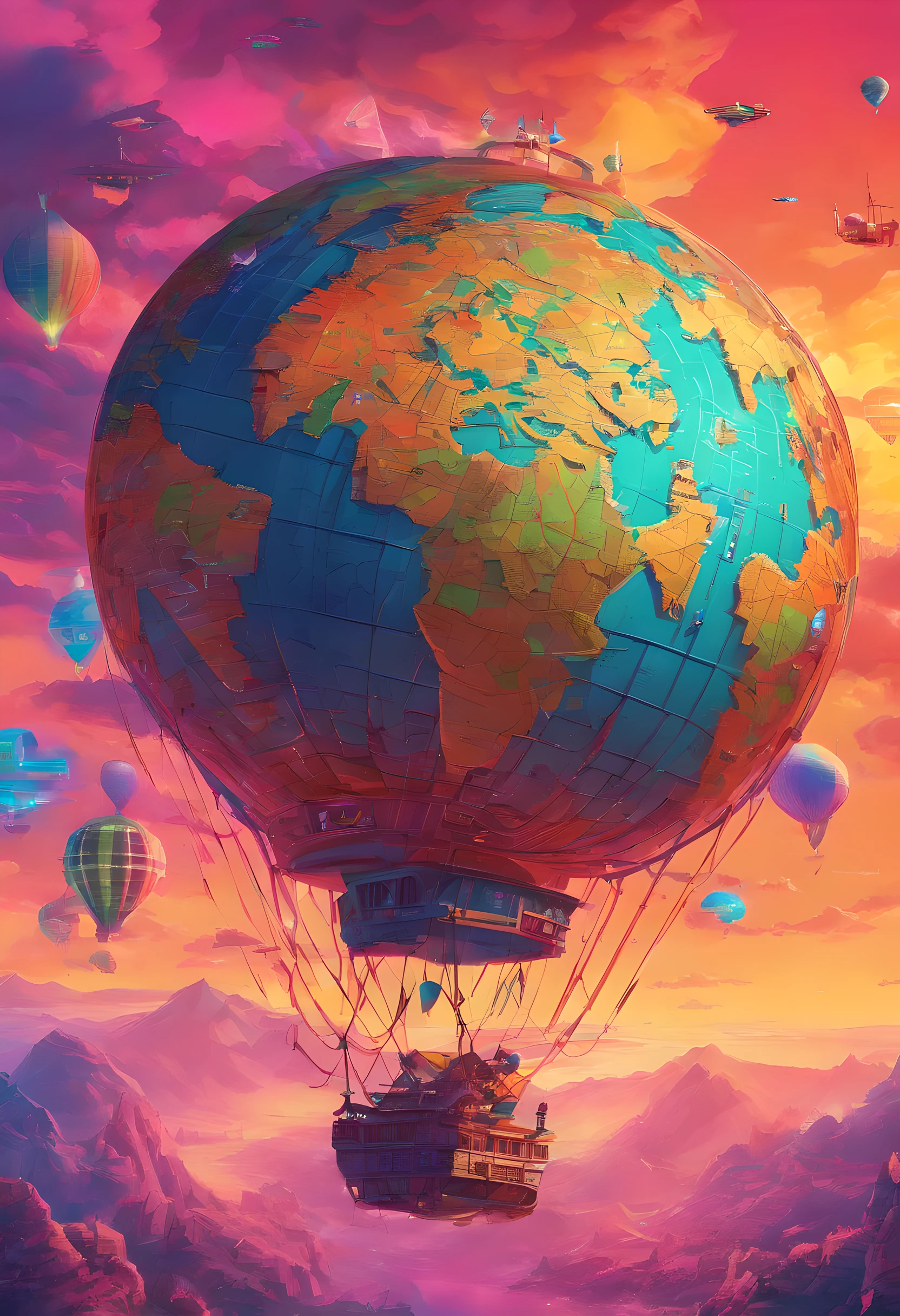 A picture of a hot air baloon whose baloon is a the (map of Earth: best detailed, masterpiece, ultra detailed: 1.5), it flies at dawn, over rolling grass hills, high details, best quality, 16k, [ultra detailed], masterpiece, best quality, (ultra detailed), full body, ultra wide shot, photorealism 3d rendering,