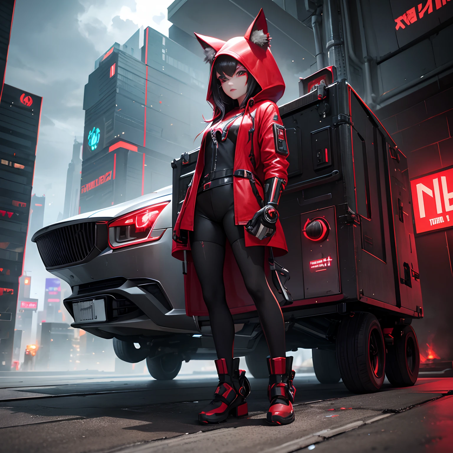 Futuristic Little Red Riding Hood with Robotic Prosthetics Fighting Futuristic Big Bad Wolf with Robotic Prosthetics, Estilo cyberpunk, In the background of the thunderstorm, ciudad de Neo Tokio 2077, Imagen 3D, 8K 9HDR resolution, altos detalles