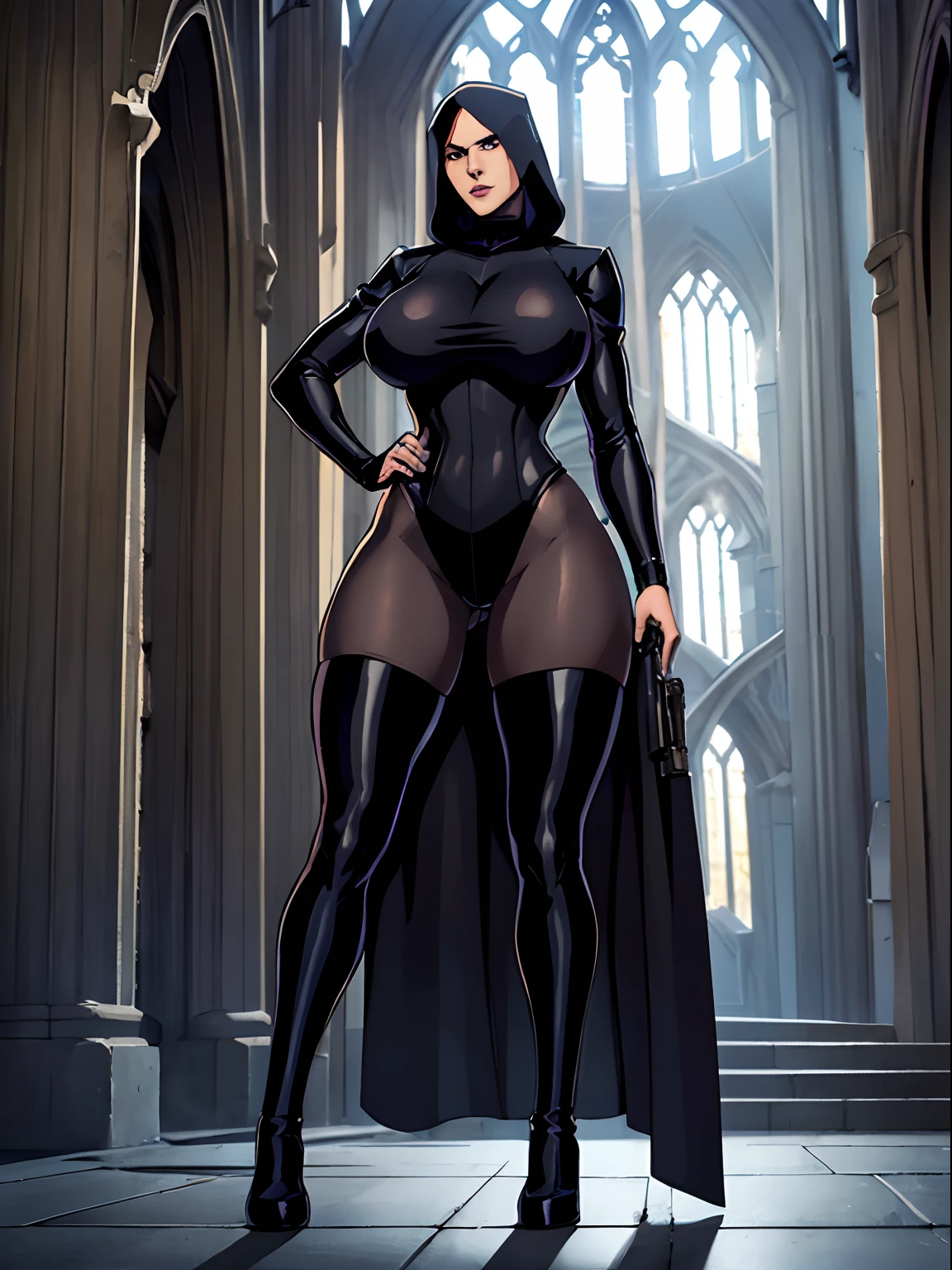 (masterpiece, top quality, best quality, official art, beautiful and aesthetic:1.2), (1girl:1.3), light freckles, fair skin, extremely detailed, portrait, looking at viewer, solo, (full body:0.6), detailed background, close up, (dark gothic theme:1.1), nun with guns, charlatan, smirk, mysterious, swaggering through cathedral, modest attire, black habit, nun habit, cowl, nun hood, wimple, thigh-high boots, bodysuit, leotard, loose sleeves, cloak, corset, leather straps, ammunition pouches, long boots, submachineguns, SMGs, MP5s, thigh pouches, holsters, garters, ((((narrow hips, slim sexy body, gigantic breasts)))), slim waist, slim hips, long legs, modern (cathedral exterior:1.1) background, dark mysterious lighting, shadows, magical atmosphere, dutch angle,