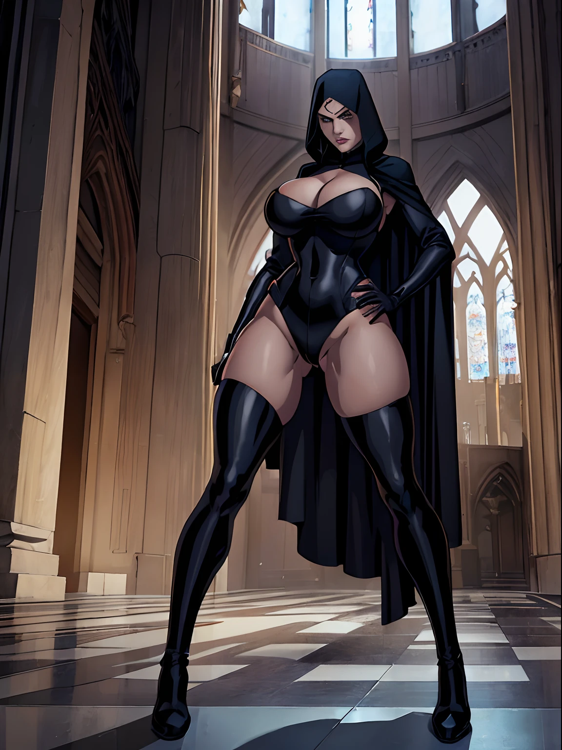 (masterpiece, top quality, best quality, official art, beautiful and aesthetic:1.2), (1girl:1.3), light freckles, fair skin, extremely detailed, portrait, looking at viewer, solo, (full body:0.6), detailed background, close up, (dark gothic theme:1.1), nun with guns, charlatan, smirk, mysterious, swaggering through cathedral, modest attire, black habit, nun habit, cowl, nun hood, wimple, thigh-high boots, bodysuit, leotard, loose sleeves, cloak, corset, leather straps, ammunition pouches, long boots, submachineguns, SMGs, MP5s, thigh pouches, holsters, garters, ((((narrow hips, slim sexy body, gigantic breasts)))), slim waist, slim hips, long legs, modern (cathedral exterior:1.1) background, dark mysterious lighting, shadows, magical atmosphere, dutch angle,