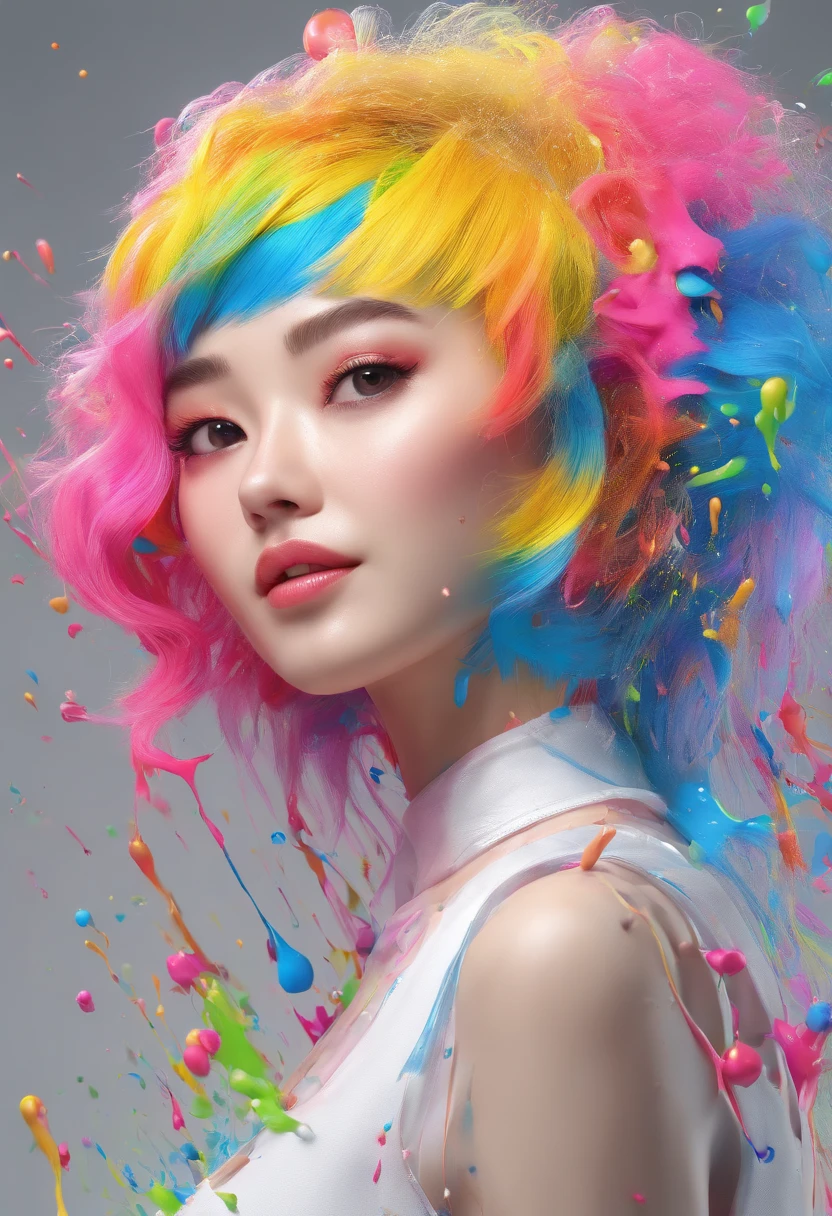 (Masterpiece, Best Quality, High Resolution), White Background, ((Paint Splash, Color Splash, Splash of Ink, Color Splash)), Sweet Chinese Girl, Rainbow Hair, Pink Lips, Front, Upper Body