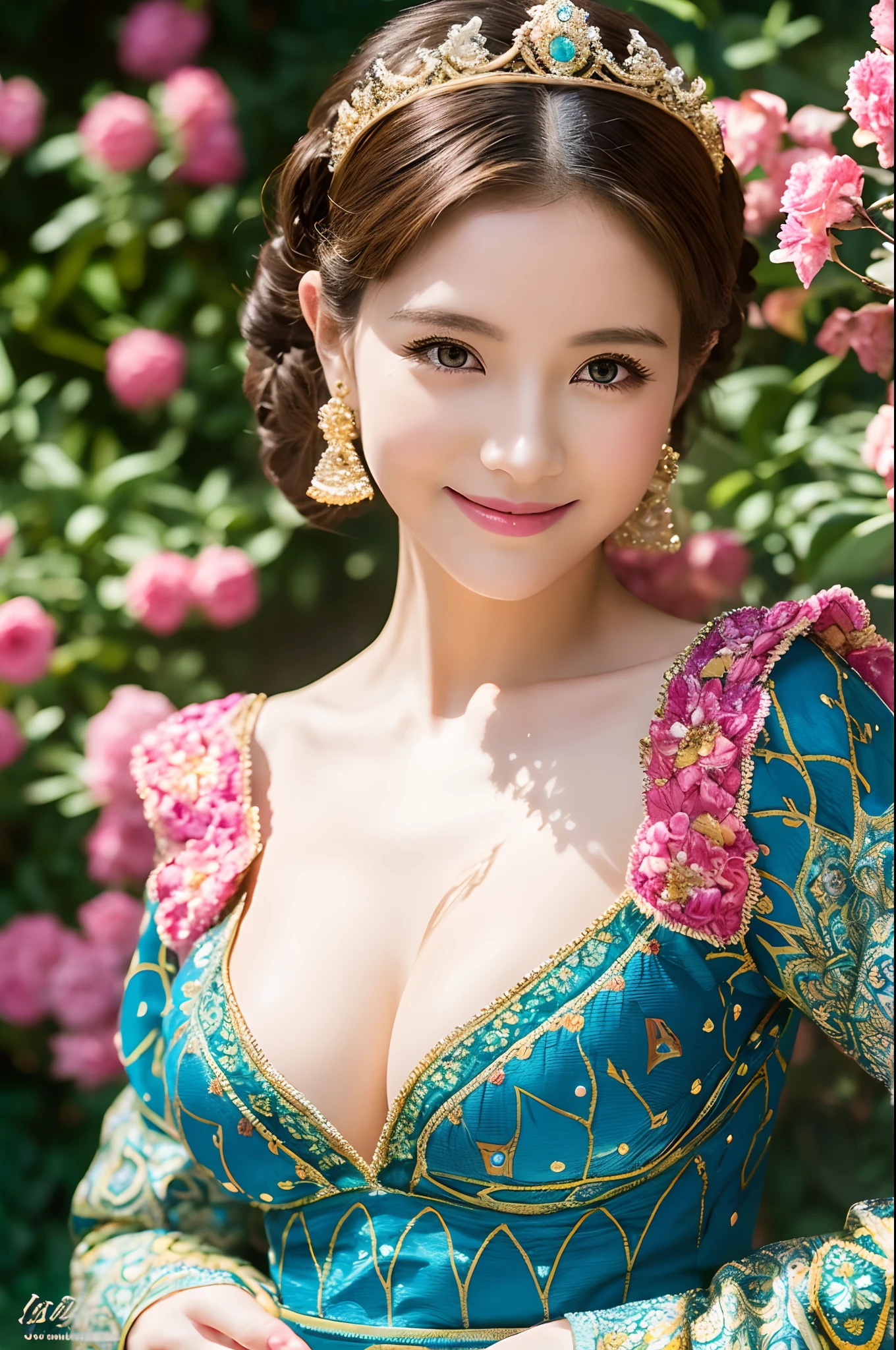 (dark shot:1.1)The whole body of the princess,Sexy princess costume with big breasts(absurderes、hight resolution、ultra-detailliert)、Full body of one woman、Red and white princess costume,Mature princess with big breasts、Princess in a luxurious dress、Blonde Short Bob、Mature woman with thin big breasts、blue eyess、sexy dress、long-sleeve、Finely detailed eyes and detailed face、intricate-detail、BREAK Mosaic Art、small pieces、colorful tesserae、complex pattern、Tiled design、durable surfaces、Old-fashioned technique BREAK macro photography、extreme close - up、intricate-detail、magnified textures、Stunning clarity、Hidden beauty、Immersive perspective break、 artisanal creations、Handmade products、unique designs、intricate detailes、Creative expression、skilled craftsmanship,enticing,enticing,English gardens,a smile,