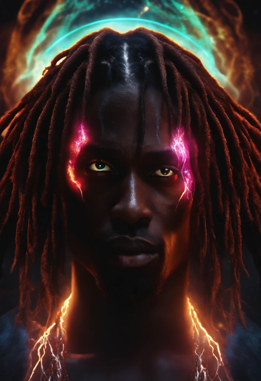Cosmic Fallen Angel, black man with dreads glowing light eyes, Biomechanical, eerie, nightmarish, Very bright colors, Light particles, with light glowing, sharingan left eye